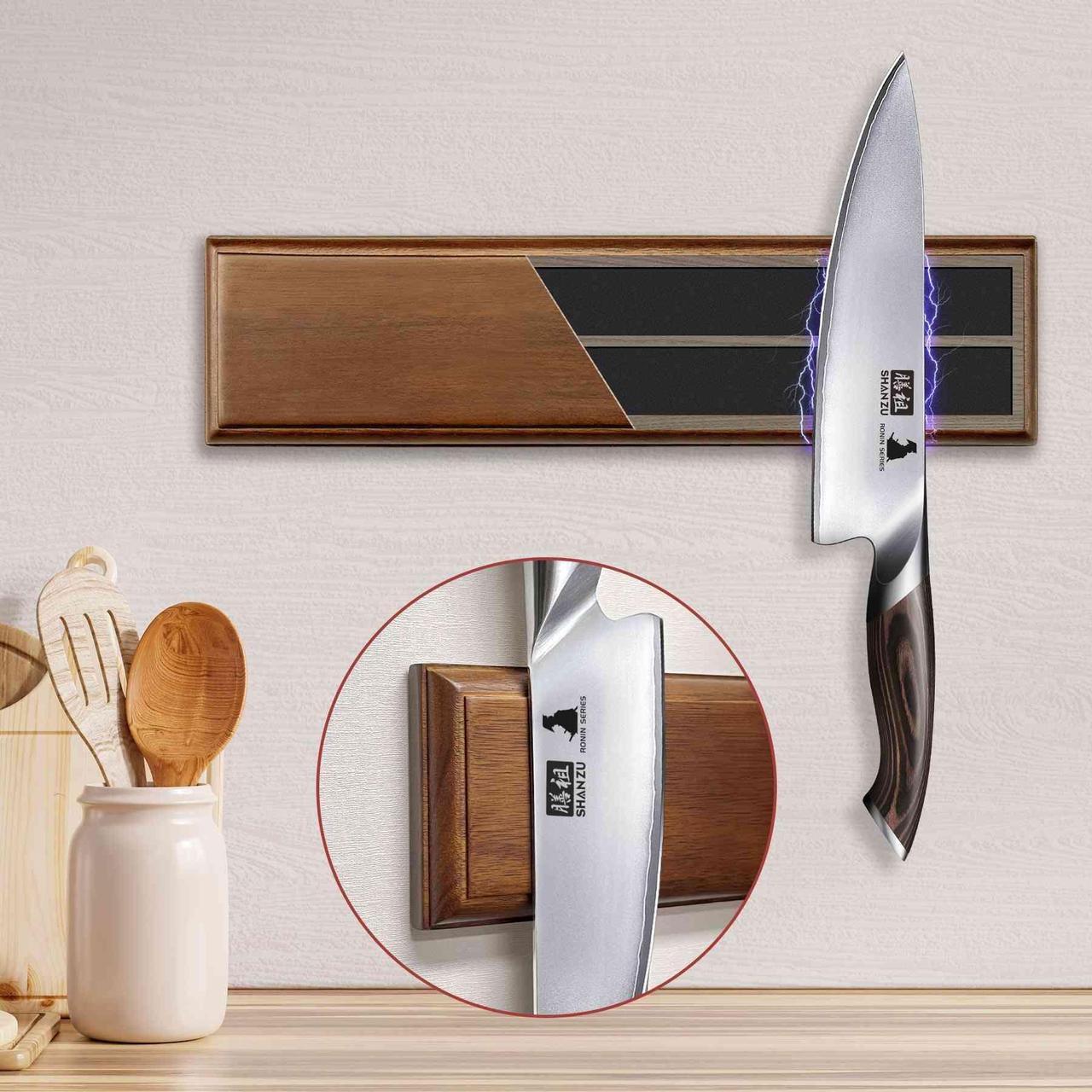 Alt view image 2 of 7 - Shan Zu Magnetic Knife Holder for Wall 12 Inch, Powerful Magnetic Knife Strip, Acacia Wood Magnet Knife Rack for Kitchen Knives & Tools