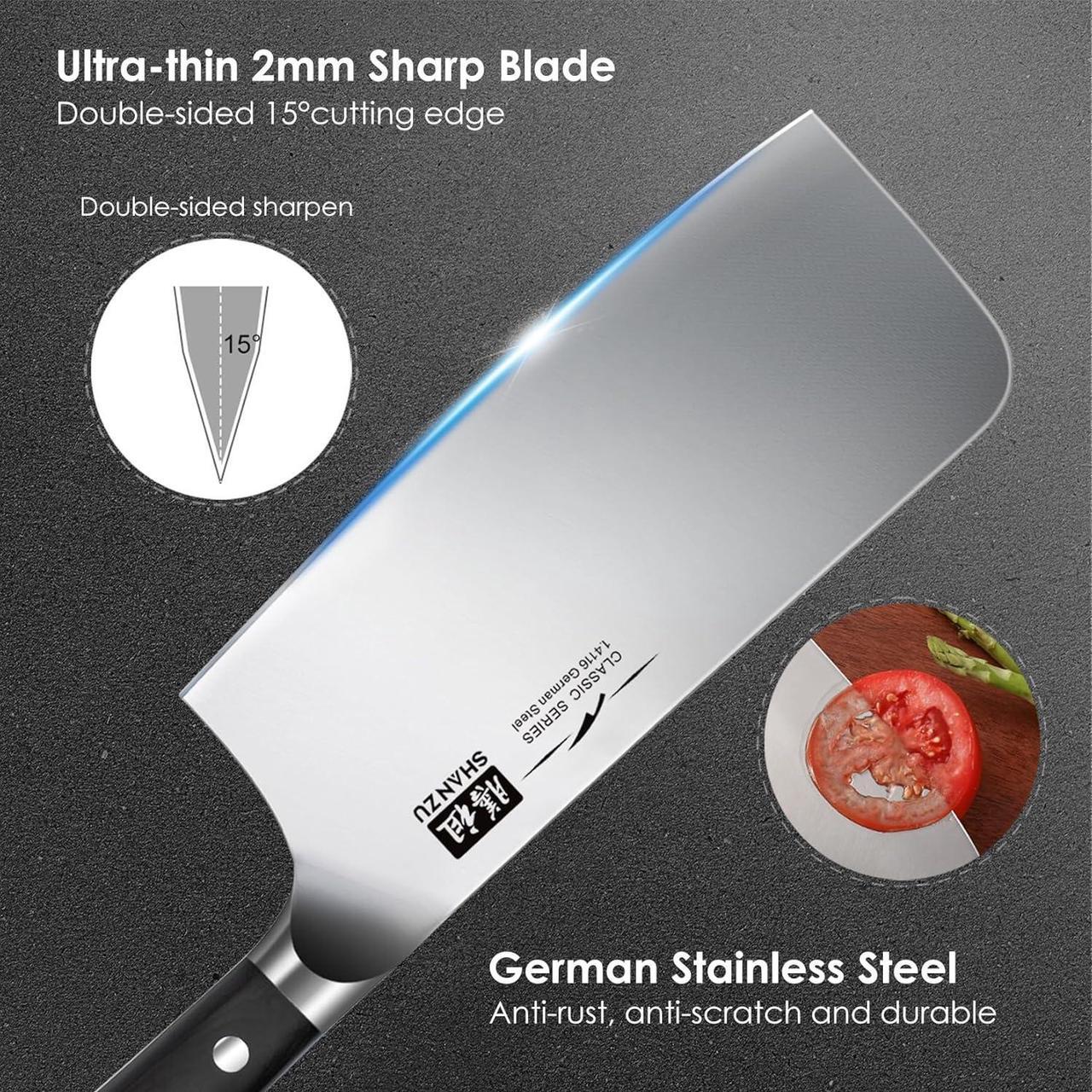 Alt view image 5 of 7 - SHAN ZU Cleaver Knife, Japanese Kitchen Knives 7 Inch High-Carbon German Butcher Chef Knife Stainless Steel Sharp Chopper Chinese Carving Knife Professional Utility Knife with Pakkawood Handle