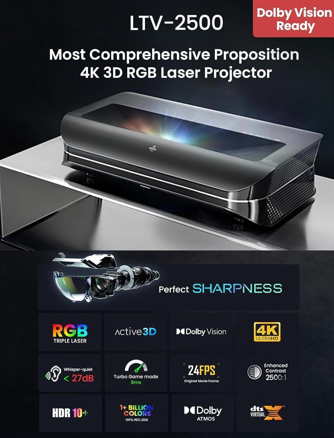Alt view image 2 of 7 - AWOL VISION LTV-2500 4K UHD Ultra Short Throw Triple Laser Projector, 3D, 150", HDR10+, UST Projector Laser TV