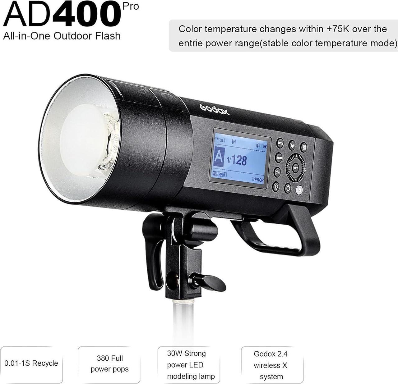 Godox AD400 Pro Outdoor Flash Strobe, Portable 400W 2.4G TTL 1/8000 HSS Monolight, 0.01-1s Recycle, 30W LED Modeling Lamp with Rechargeable Battery and Bowens Mount