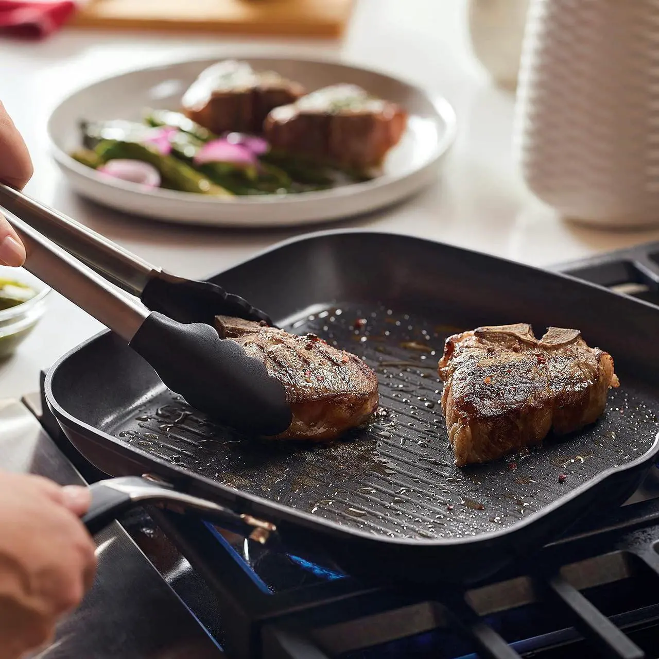 Alt view image 6 of 7 - KitchenAid Hard Anodized Nonstick Square Grill Pan/Griddle with Pour Spouts, 11.25 Inch, Onyx Black