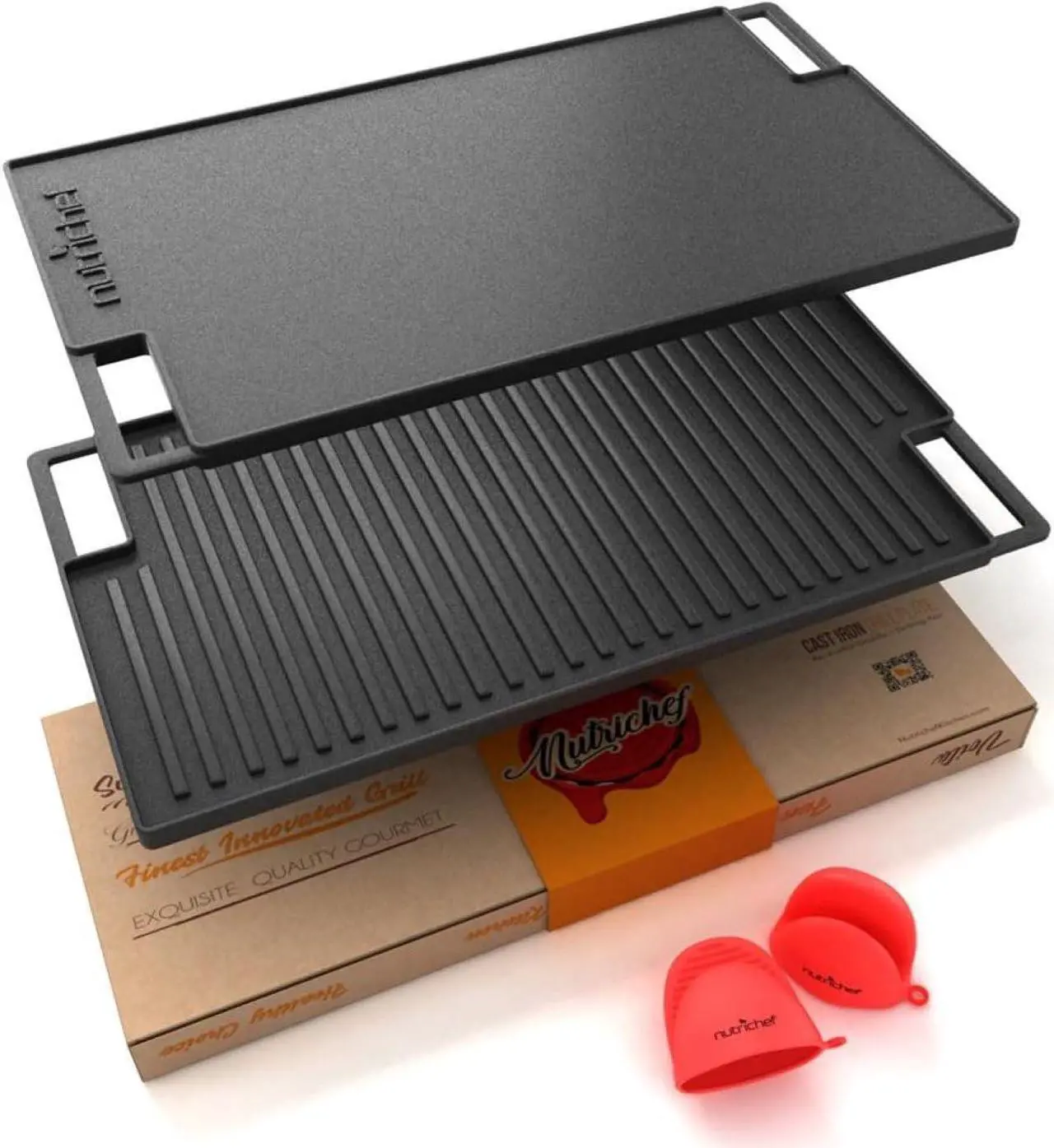 NutriChef Cast Iron Reversible Grill Plate - 18 Inch Flat Cast Iron Skillet Griddle Pan For Stove Top, Gas Range Grilling Pan w/ Silicone Oven Mitt For Electric Stovetop, Ceramic, Induction.