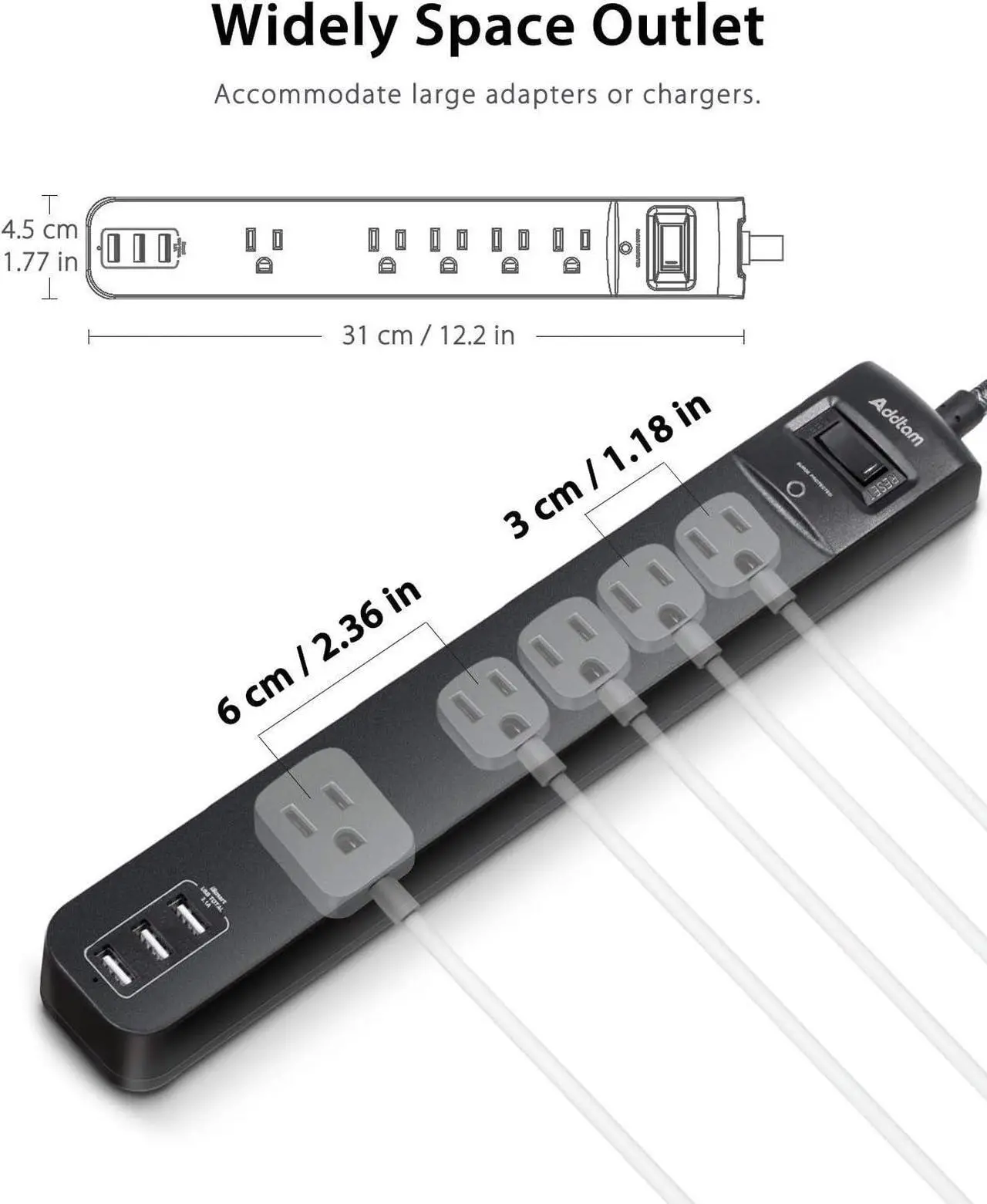 Alt view image 3 of 7 - Extension Cord with 5 Widely Outlets 3 USB Charging Ports, Flat Plug Overload Surge Protection, Wall Mount, Multi Outlet Extender for Home, Office ETL Listed, 2 Pack