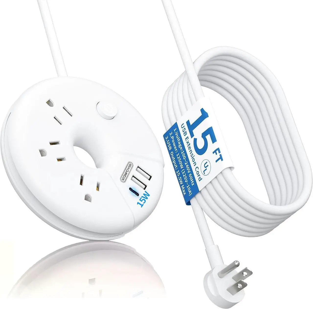 Main image of i-Donut Extension Cord 15FT, NTONPOWER Long Extension Cord with 3 USB Ports(1 USB C), 3 Outlets, Flat Plug Extension Cord with Switch, Travel Power Strip for Home, Office, Dresser, Dorm Room, White
