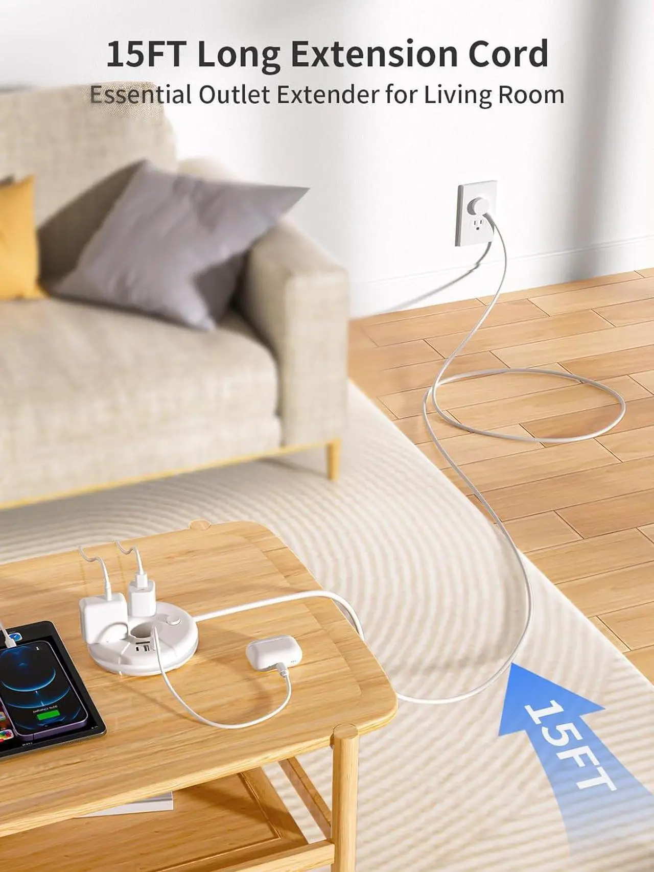 Alt view image 2 of 6 - i-Donut Extension Cord 15FT, NTONPOWER Long Extension Cord with 3 USB Ports(1 USB C), 3 Outlets, Flat Plug Extension Cord with Switch, Travel Power Strip for Home, Office, Dresser, Dorm Room, White