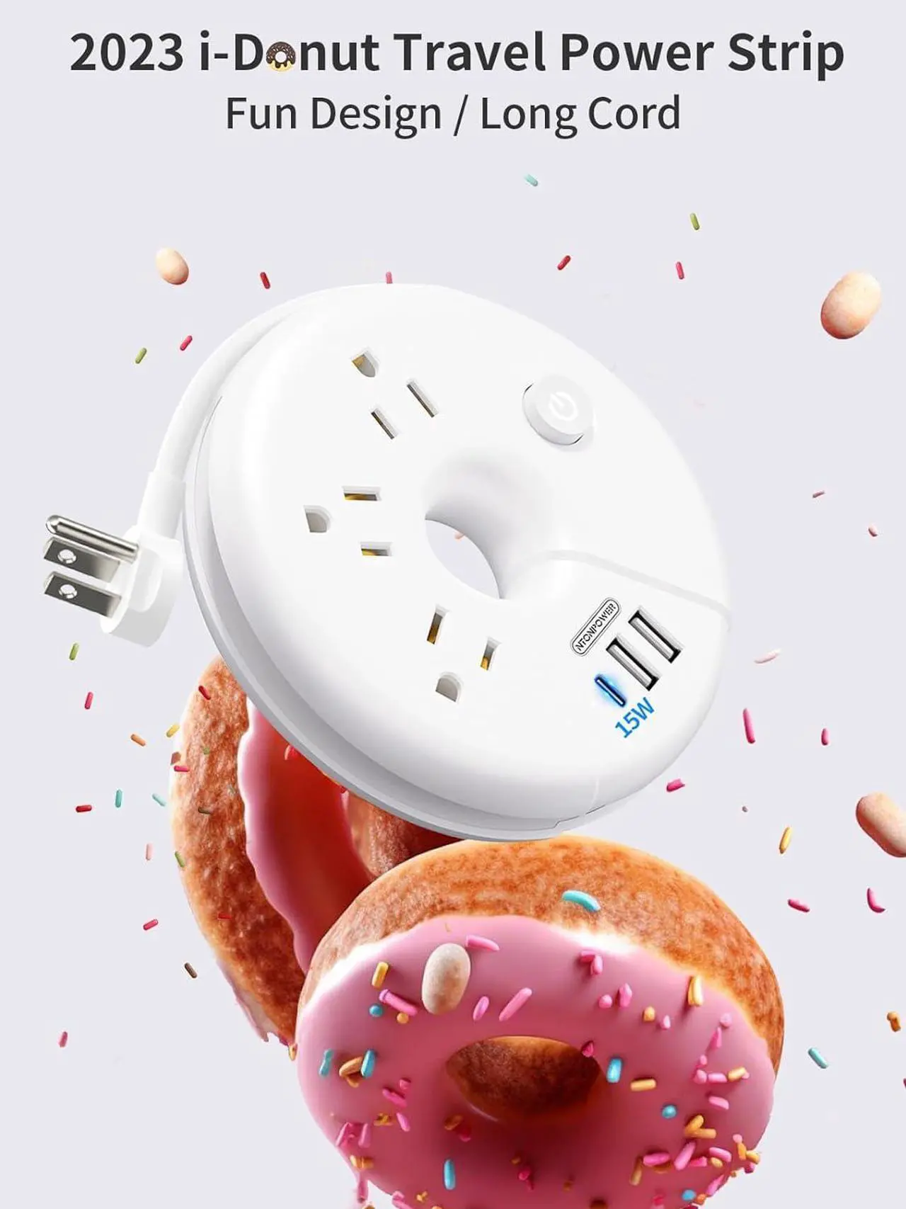 Alt view image 3 of 6 - i-Donut Extension Cord 15FT, NTONPOWER Long Extension Cord with 3 USB Ports(1 USB C), 3 Outlets, Flat Plug Extension Cord with Switch, Travel Power Strip for Home, Office, Dresser, Dorm Room, White