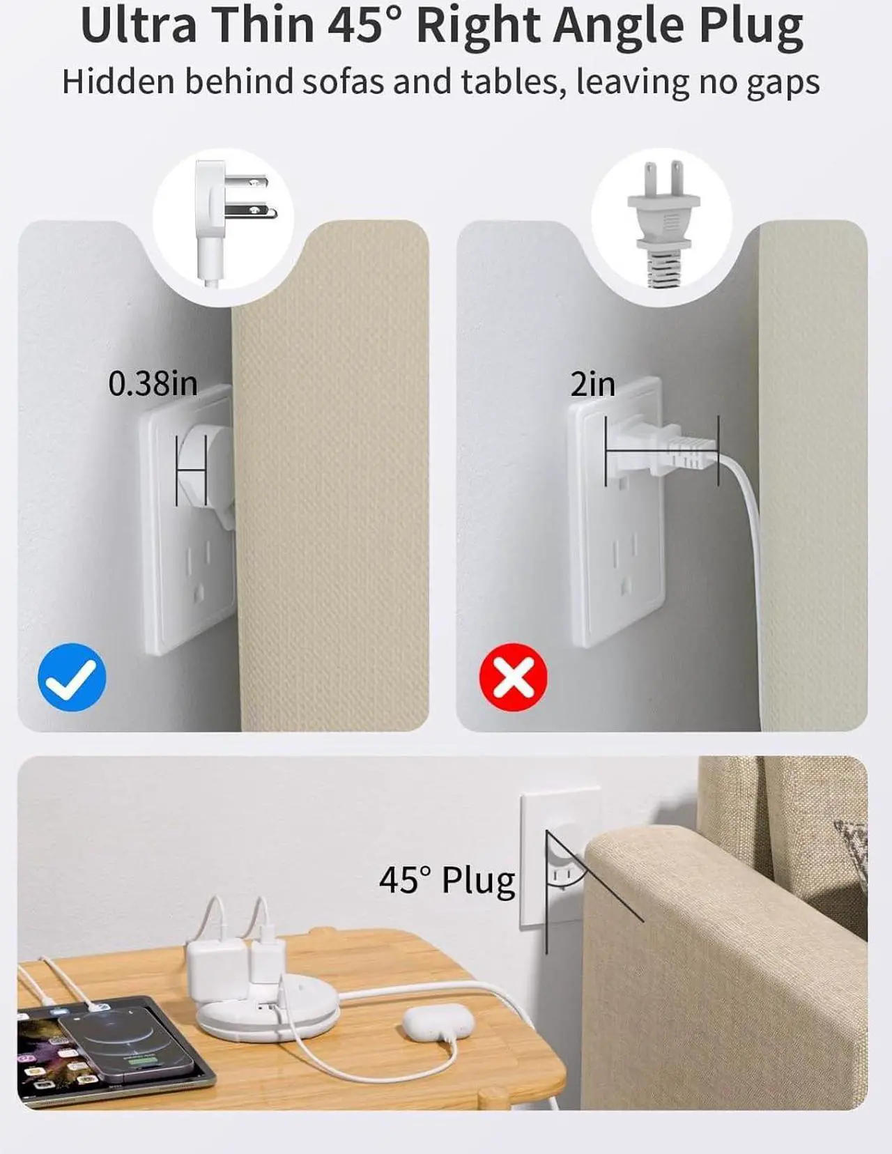 Alt view image 5 of 6 - i-Donut Extension Cord 15FT, NTONPOWER Long Extension Cord with 3 USB Ports(1 USB C), 3 Outlets, Flat Plug Extension Cord with Switch, Travel Power Strip for Home, Office, Dresser, Dorm Room, White