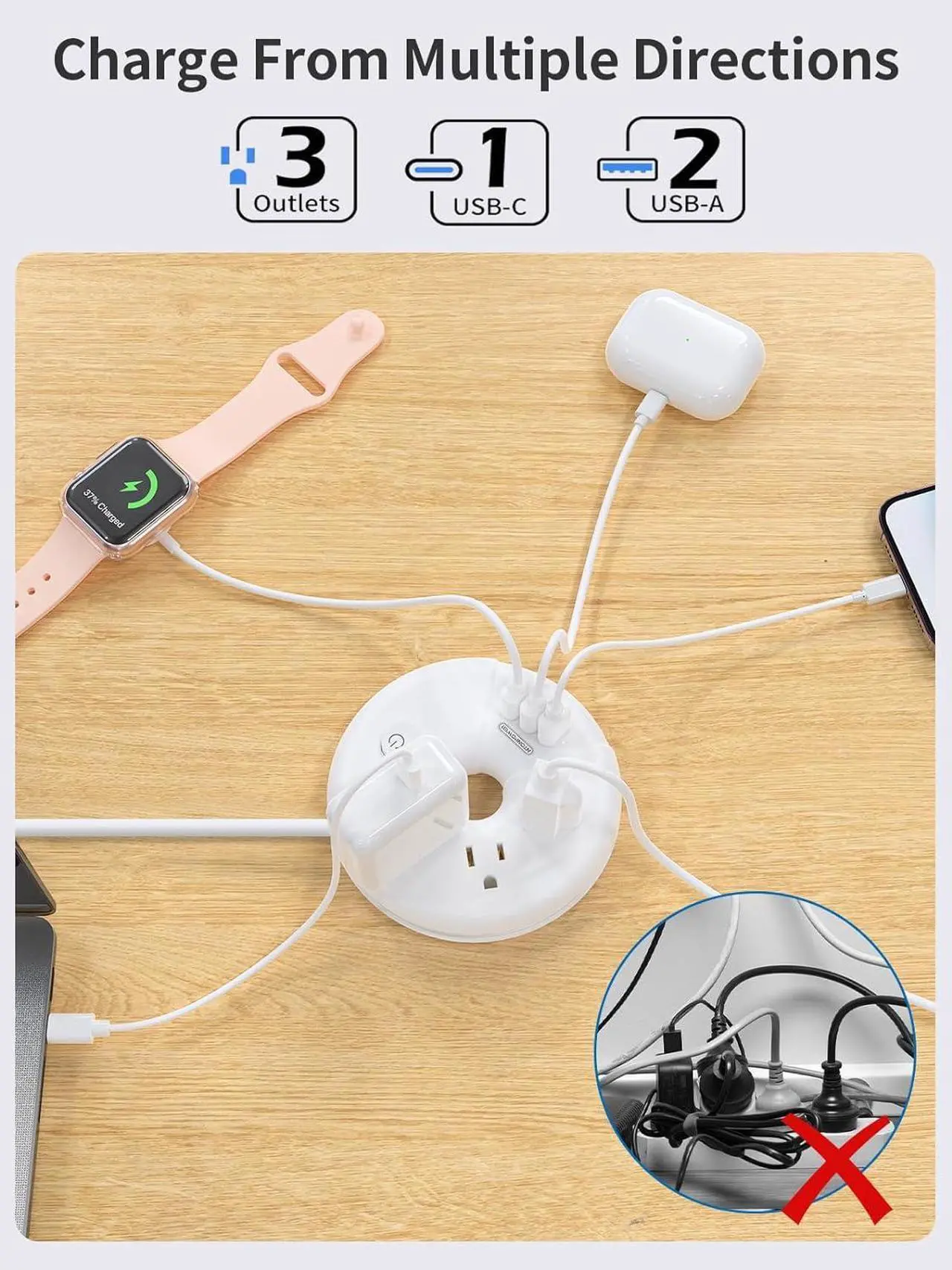 Alt view image 6 of 6 - i-Donut Extension Cord 15FT, NTONPOWER Long Extension Cord with 3 USB Ports(1 USB C), 3 Outlets, Flat Plug Extension Cord with Switch, Travel Power Strip for Home, Office, Dresser, Dorm Room, White
