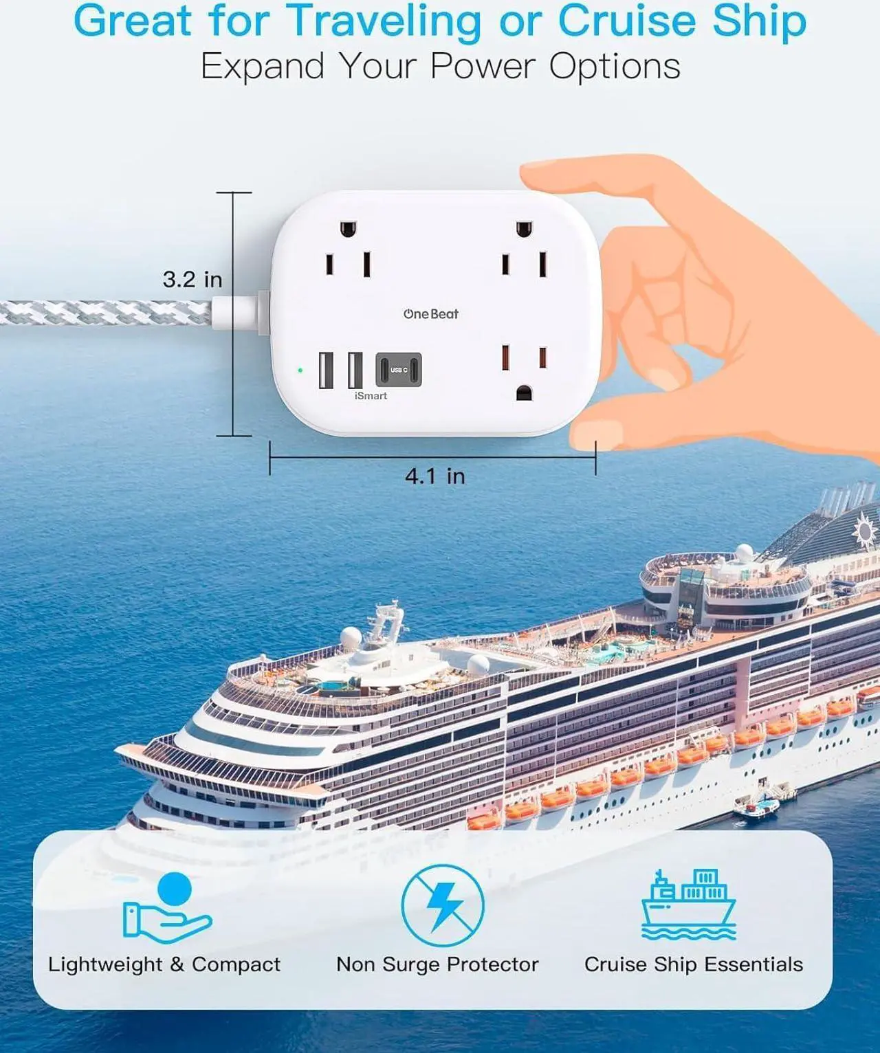 Alt view image 3 of 7 - Cruise Ship Essentials, Travel Power Strip with USB C, Flat Plug Extension Cord 10 FT with 3 Outlets 4 USB Ports(2 USB C), Desk Wall Outlet Extender, Non Surge Protector for Cruise, Dorm Room, ETL