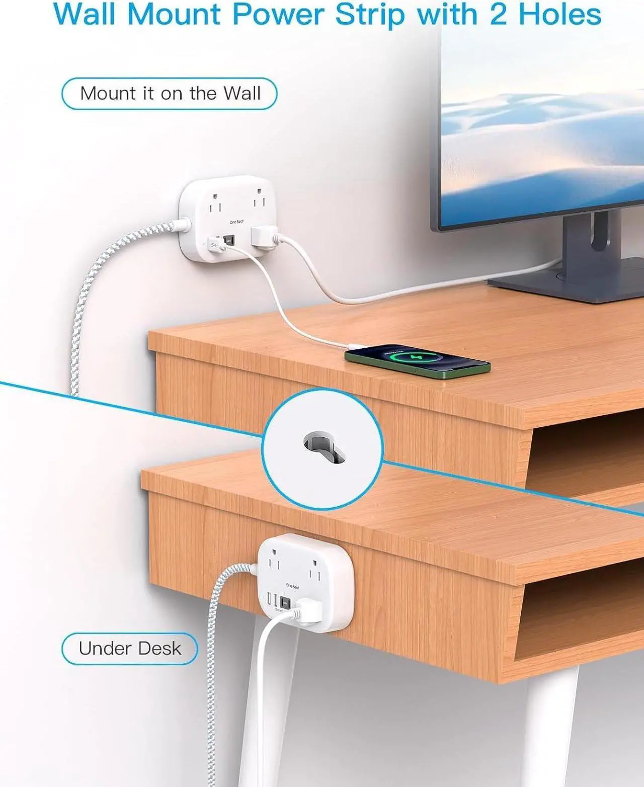 Alt view image 6 of 7 - Cruise Ship Essentials, Travel Power Strip with USB C, Flat Plug Extension Cord 10 FT with 3 Outlets 4 USB Ports(2 USB C), Desk Wall Outlet Extender, Non Surge Protector for Cruise, Dorm Room, ETL