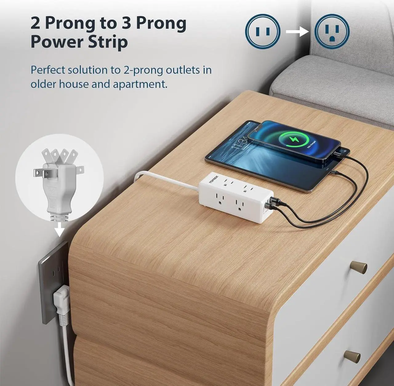 Alt view image 2 of 7 - 2 Prong Power Strip, TOPREK 2 Prong to 3 Prong Outlet Adapter, 1440J 2 Prong Surge Protector with 6 Outlets & 3 USB, 5FT 2 Prong Extension Cord with Swiveling Flat Plug, Ideal for Non-Grounded Outlet