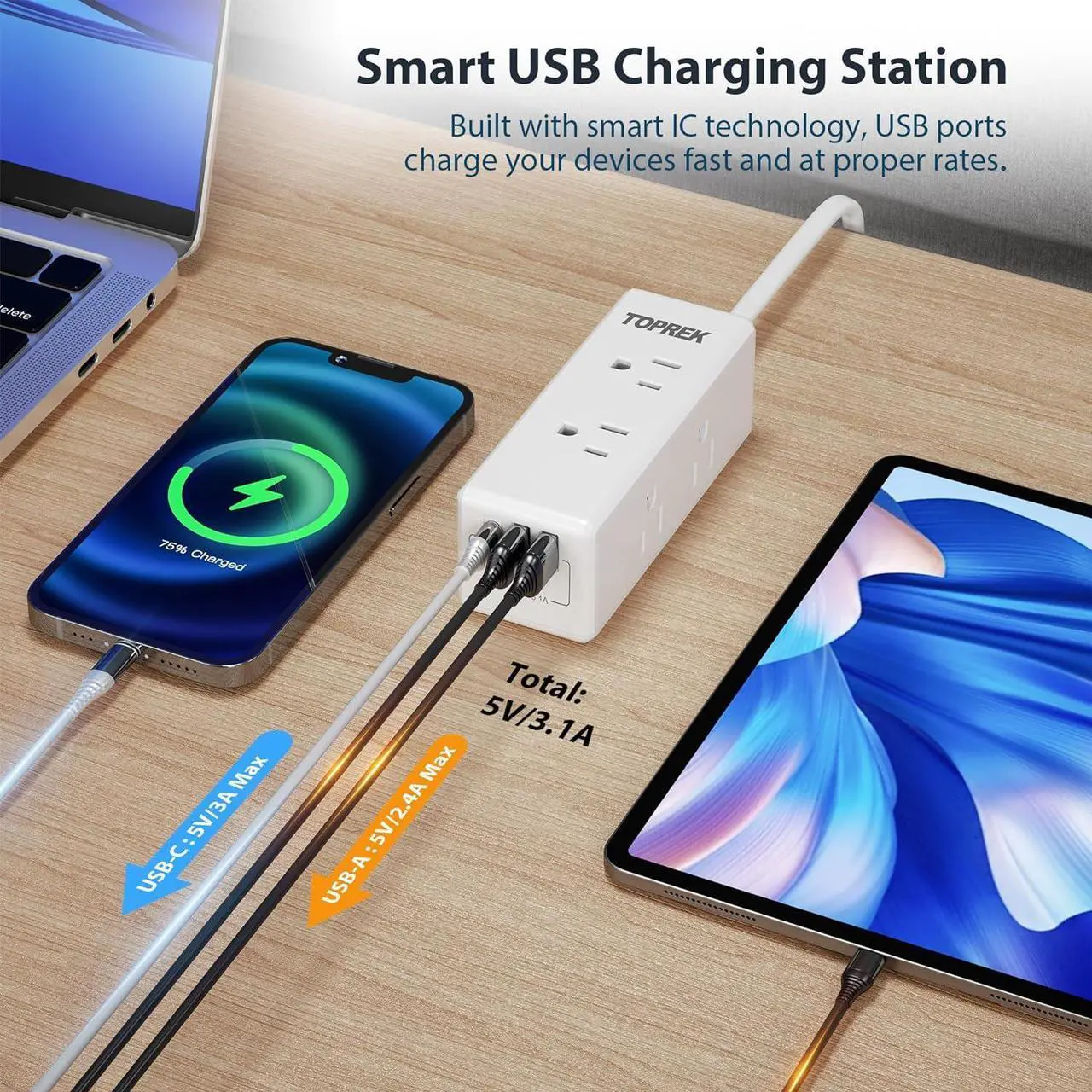Alt view image 4 of 7 - 2 Prong Power Strip, TOPREK 2 Prong to 3 Prong Outlet Adapter, 1440J 2 Prong Surge Protector with 6 Outlets & 3 USB, 5FT 2 Prong Extension Cord with Swiveling Flat Plug, Ideal for Non-Grounded Outlet