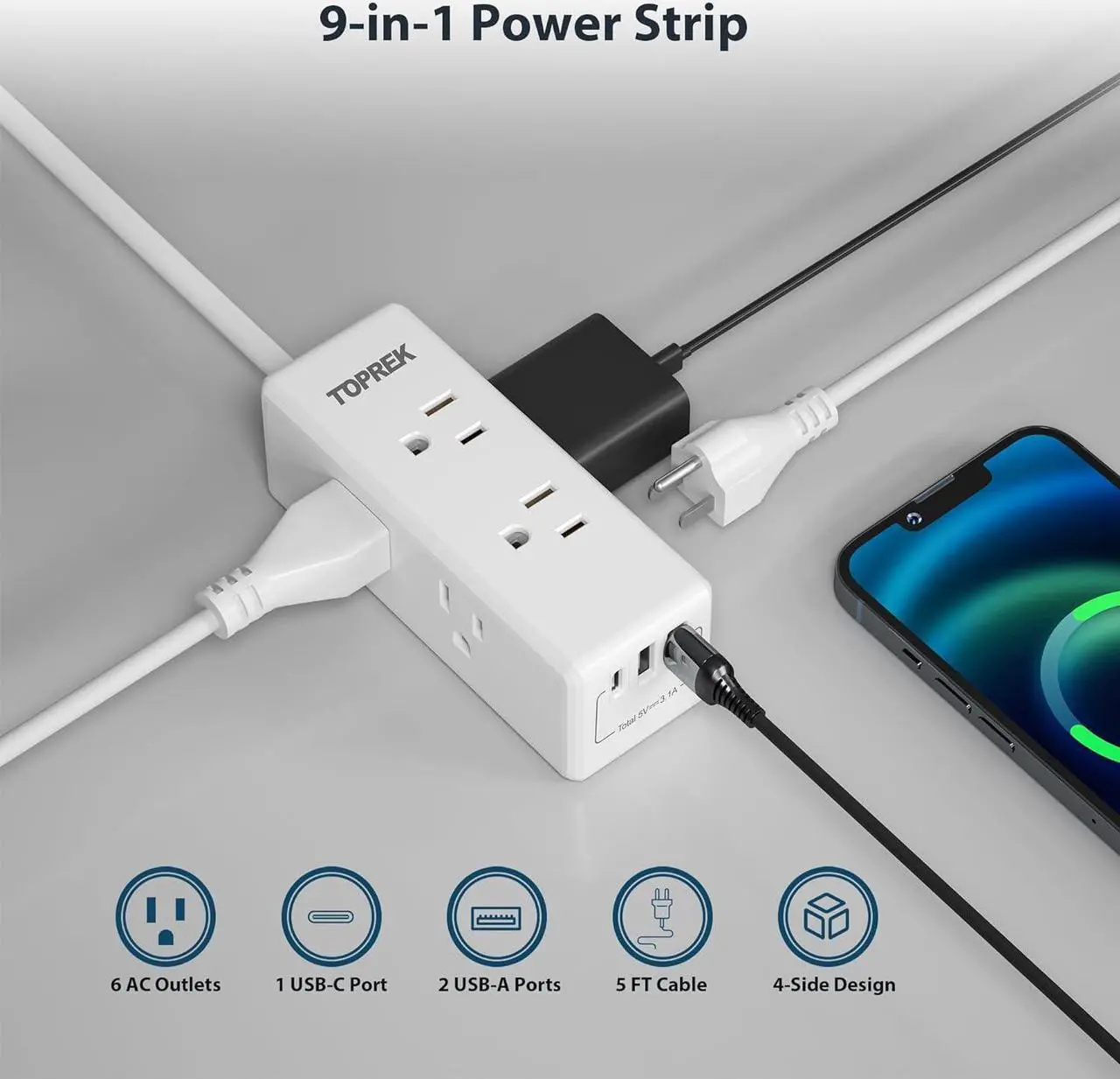Alt view image 3 of 7 - 2 Prong Power Strip, TOPREK 2 Prong to 3 Prong Outlet Adapter, 1440J 2 Prong Surge Protector with 6 Outlets & 3 USB, 5FT 2 Prong Extension Cord with Swiveling Flat Plug, Ideal for Non-Grounded Outlet