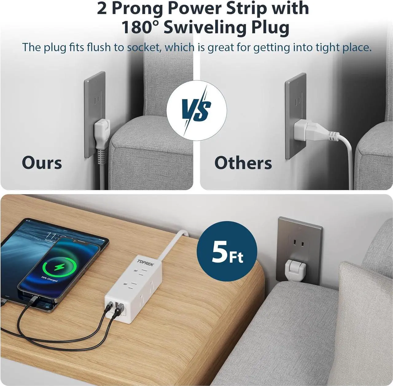 Alt view image 6 of 7 - 2 Prong Power Strip, TOPREK 2 Prong to 3 Prong Outlet Adapter, 1440J 2 Prong Surge Protector with 6 Outlets & 3 USB, 5FT 2 Prong Extension Cord with Swiveling Flat Plug, Ideal for Non-Grounded Outlet