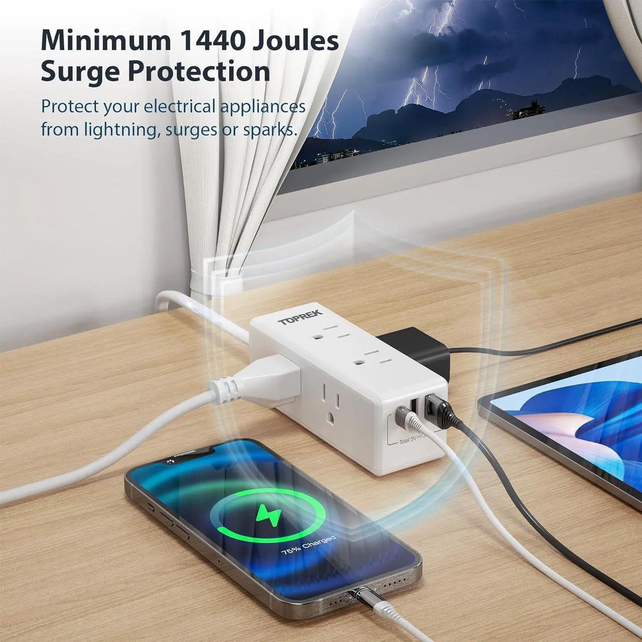 Alt view image 5 of 7 - 2 Prong Power Strip, TOPREK 2 Prong to 3 Prong Outlet Adapter, 1440J 2 Prong Surge Protector with 6 Outlets & 3 USB, 5FT 2 Prong Extension Cord with Swiveling Flat Plug, Ideal for Non-Grounded Outlet