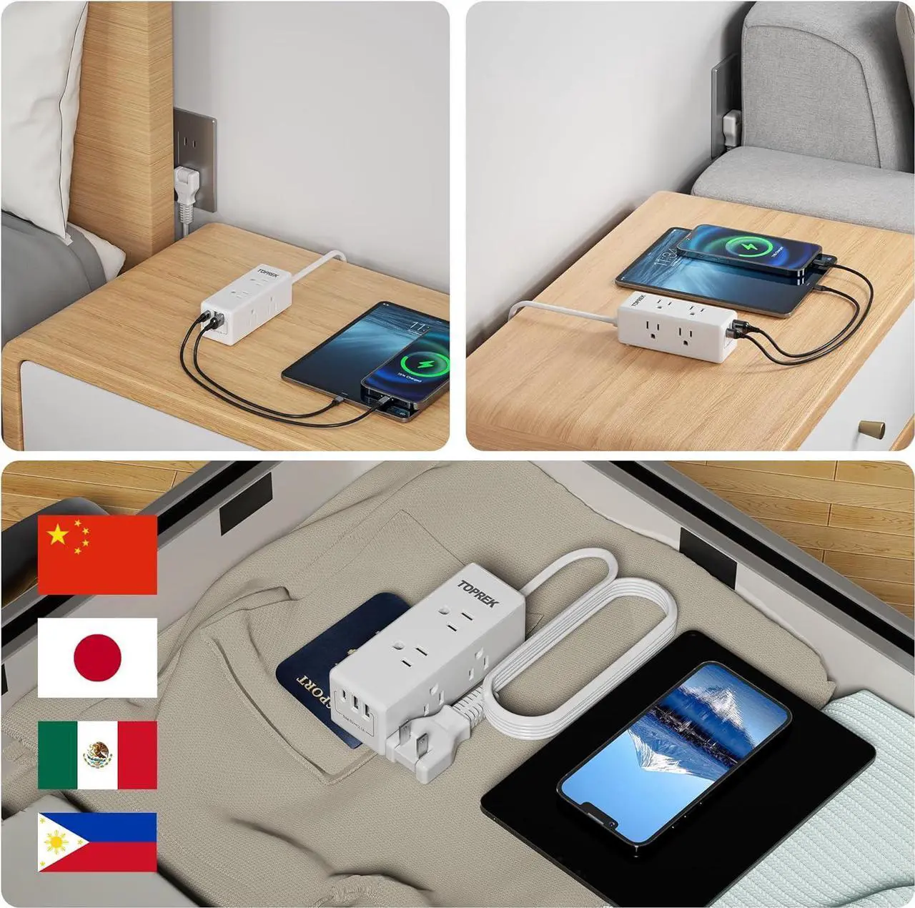 Alt view image 7 of 7 - 2 Prong Power Strip, TOPREK 2 Prong to 3 Prong Outlet Adapter, 1440J 2 Prong Surge Protector with 6 Outlets & 3 USB, 5FT 2 Prong Extension Cord with Swiveling Flat Plug, Ideal for Non-Grounded Outlet