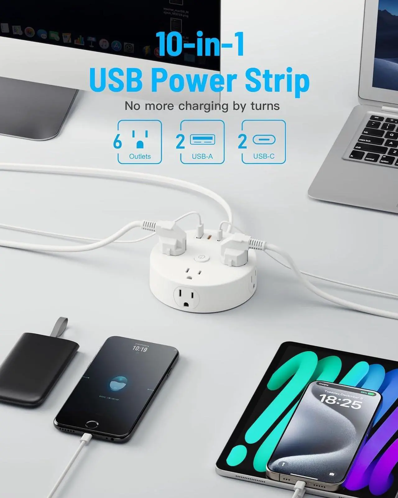Alt view image 2 of 5 - 10FT 2 Prong Power Strip, Yozisital 2 Prong to 3 Prong Outlet Adapter, Flat Extension Cord, Surge Protector with Rotating Plug, 6 Outlets 4 USB(2 USB C), Wall Mount, Ideal for Non-Grounded Outlets