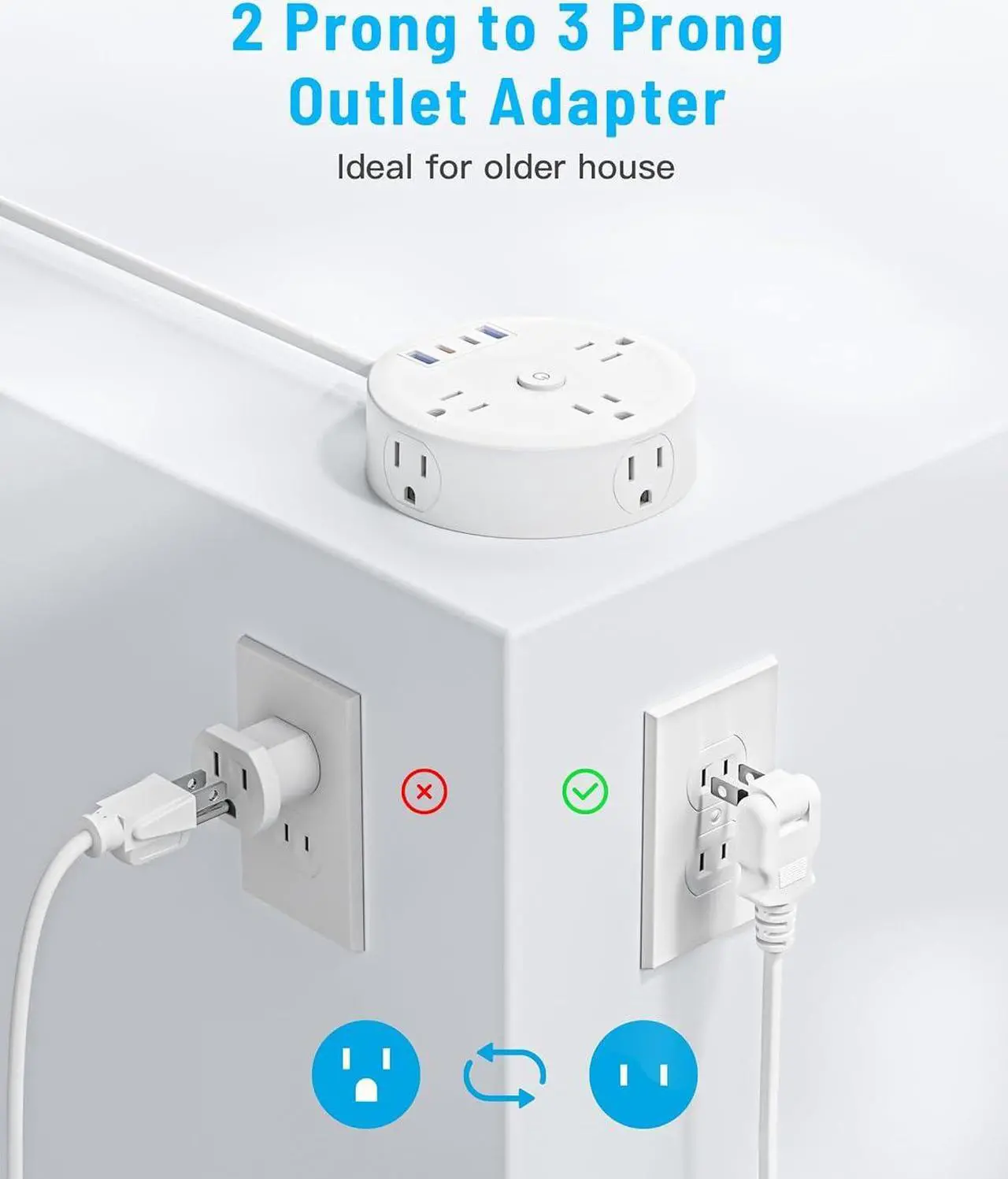 Alt view image 4 of 5 - 10FT 2 Prong Power Strip, Yozisital 2 Prong to 3 Prong Outlet Adapter, Flat Extension Cord, Surge Protector with Rotating Plug, 6 Outlets 4 USB(2 USB C), Wall Mount, Ideal for Non-Grounded Outlets