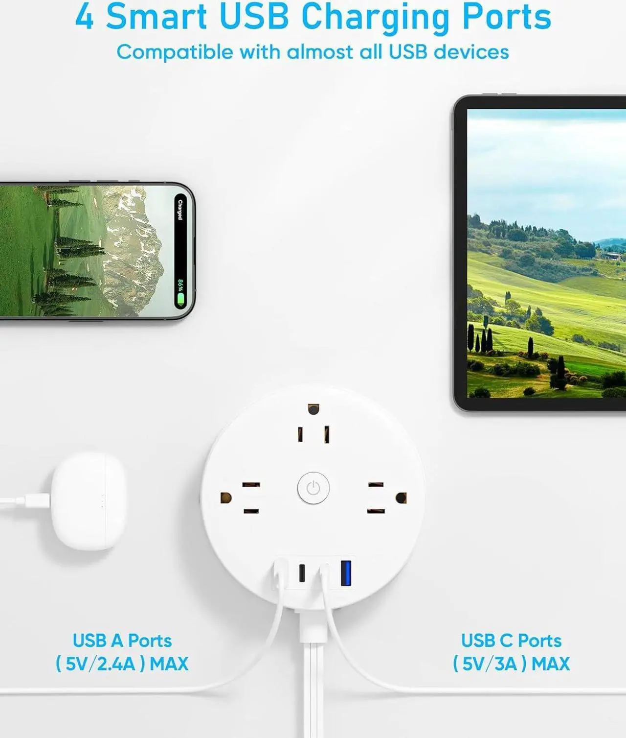 Alt view image 5 of 5 - 10FT 2 Prong Power Strip, Yozisital 2 Prong to 3 Prong Outlet Adapter, Flat Extension Cord, Surge Protector with Rotating Plug, 6 Outlets 4 USB(2 USB C), Wall Mount, Ideal for Non-Grounded Outlets