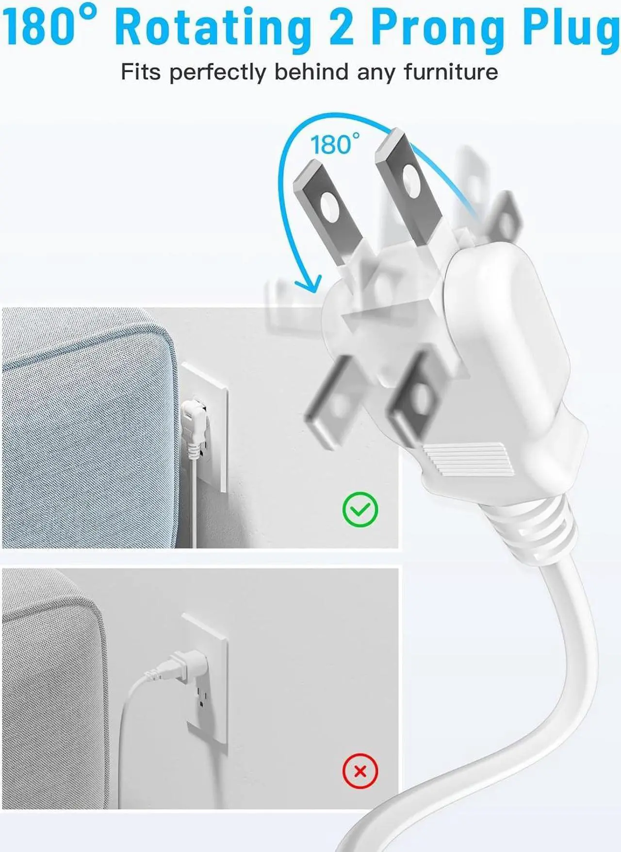 Alt view image 3 of 5 - 10FT 2 Prong Power Strip, Yozisital 2 Prong to 3 Prong Outlet Adapter, Flat Extension Cord, Surge Protector with Rotating Plug, 6 Outlets 4 USB(2 USB C), Wall Mount, Ideal for Non-Grounded Outlets