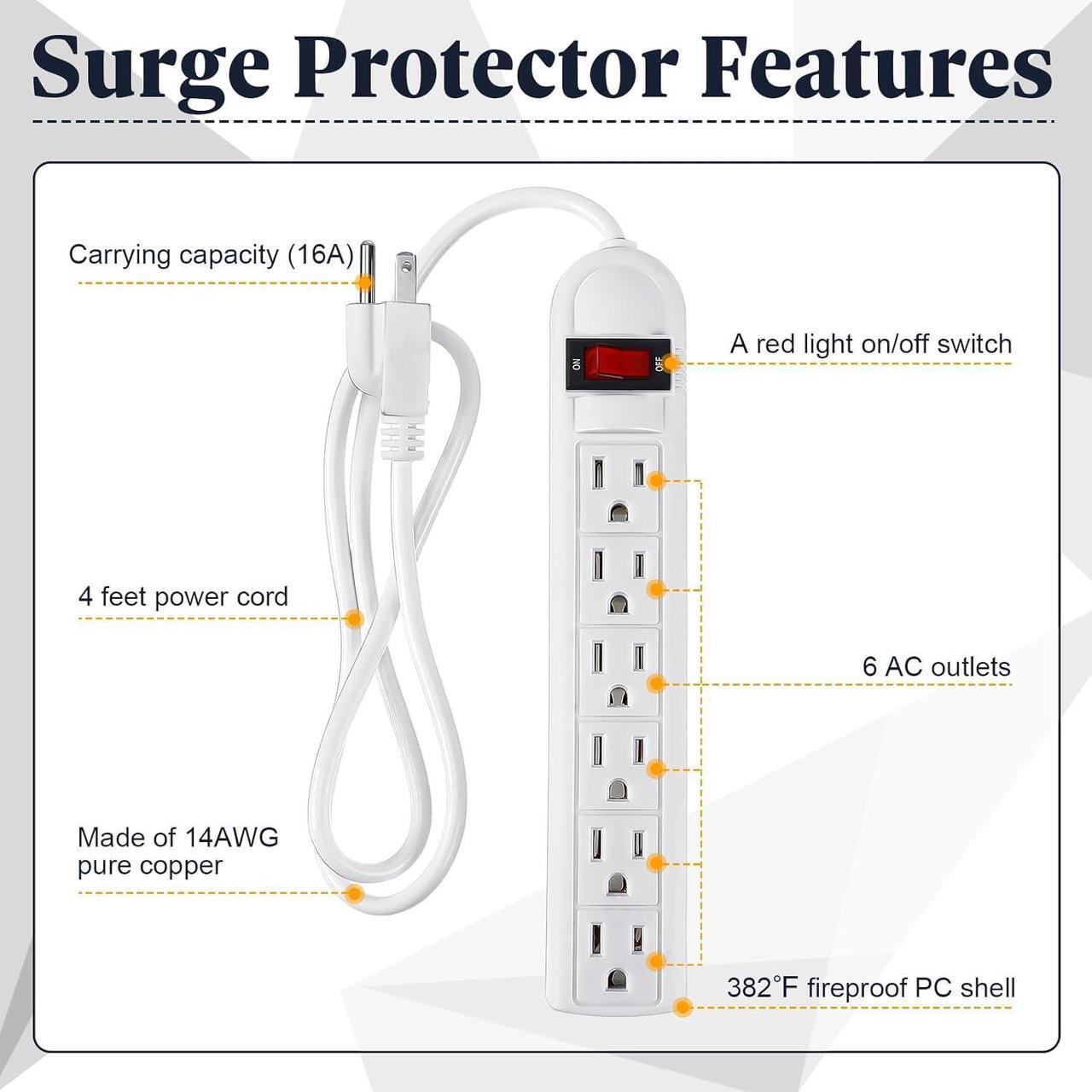 Alt view image 2 of 7 - 3 Pack 6 Outlet Power Strip Surge Protector 4 ft Flat Plug Surge Protector Power Strip Profile Flat Plug Overload Surge Protection for Home Office (White)