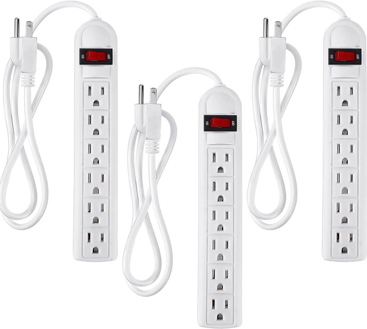 Main image of 3 Pack 6 Outlet Power Strip Surge Protector 4 ft Flat Plug Surge Protector Power Strip Profile Flat Plug Overload Surge Protection for Home Office (White)