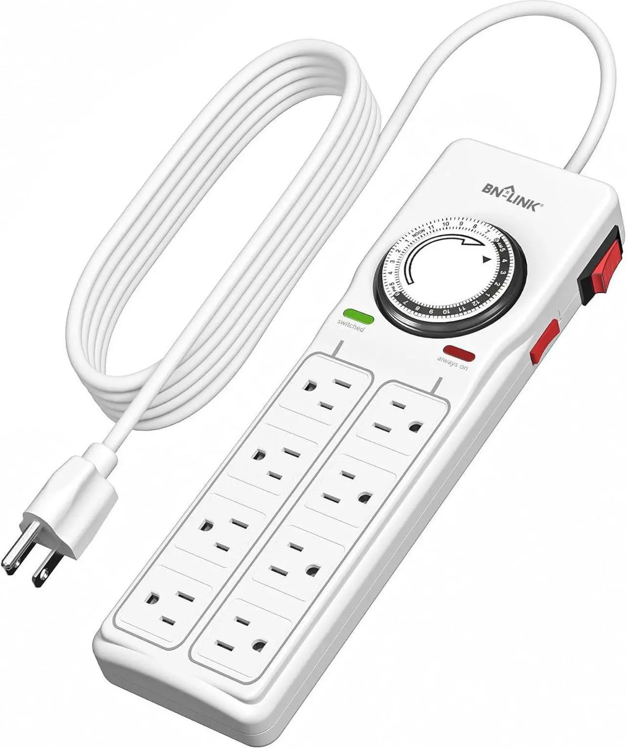 Main image of BN-LINK 8 Outlet Surge Protector with Mechanical Timer (4 Outlets Timed, 4 Outlets Always On) - White