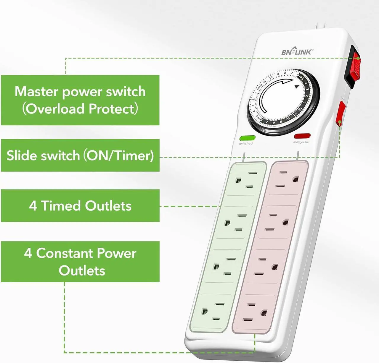 Alt view image 2 of 7 - BN-LINK 8 Outlet Surge Protector with Mechanical Timer (4 Outlets Timed, 4 Outlets Always On) - White