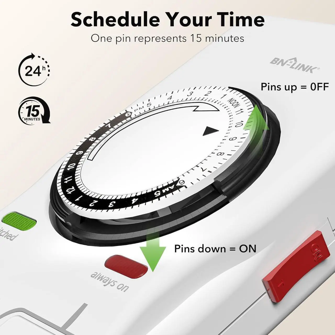 Alt view image 3 of 7 - BN-LINK 8 Outlet Surge Protector with Mechanical Timer (4 Outlets Timed, 4 Outlets Always On) - White