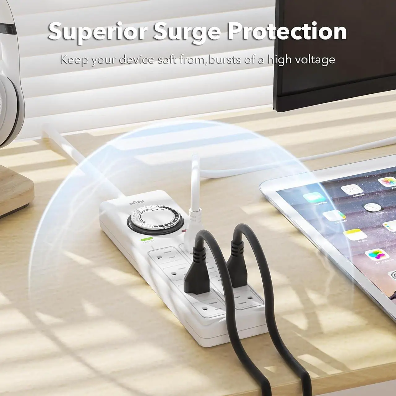 Alt view image 5 of 7 - BN-LINK 8 Outlet Surge Protector with Mechanical Timer (4 Outlets Timed, 4 Outlets Always On) - White