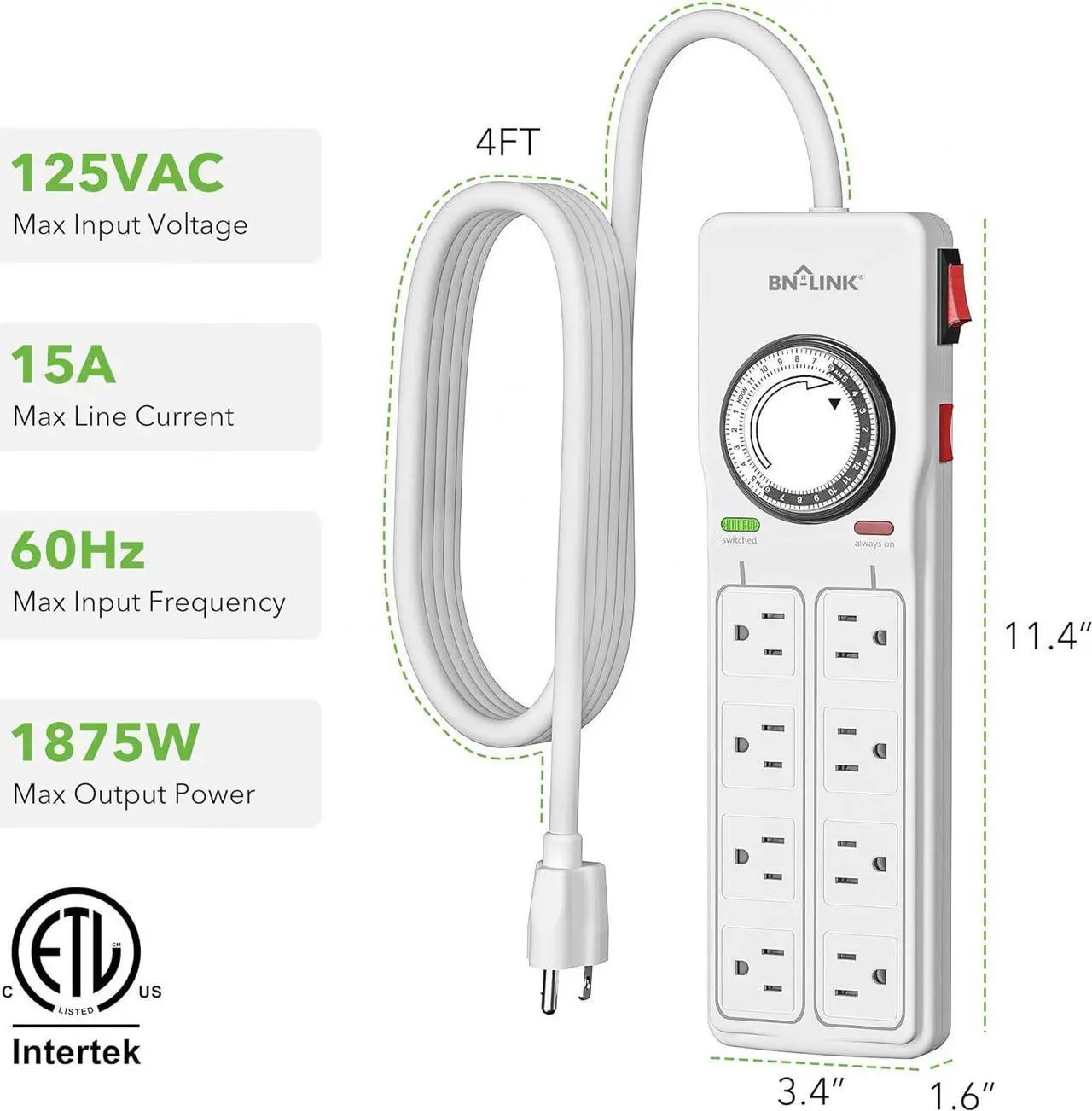 Alt view image 6 of 7 - BN-LINK 8 Outlet Surge Protector with Mechanical Timer (4 Outlets Timed, 4 Outlets Always On) - White