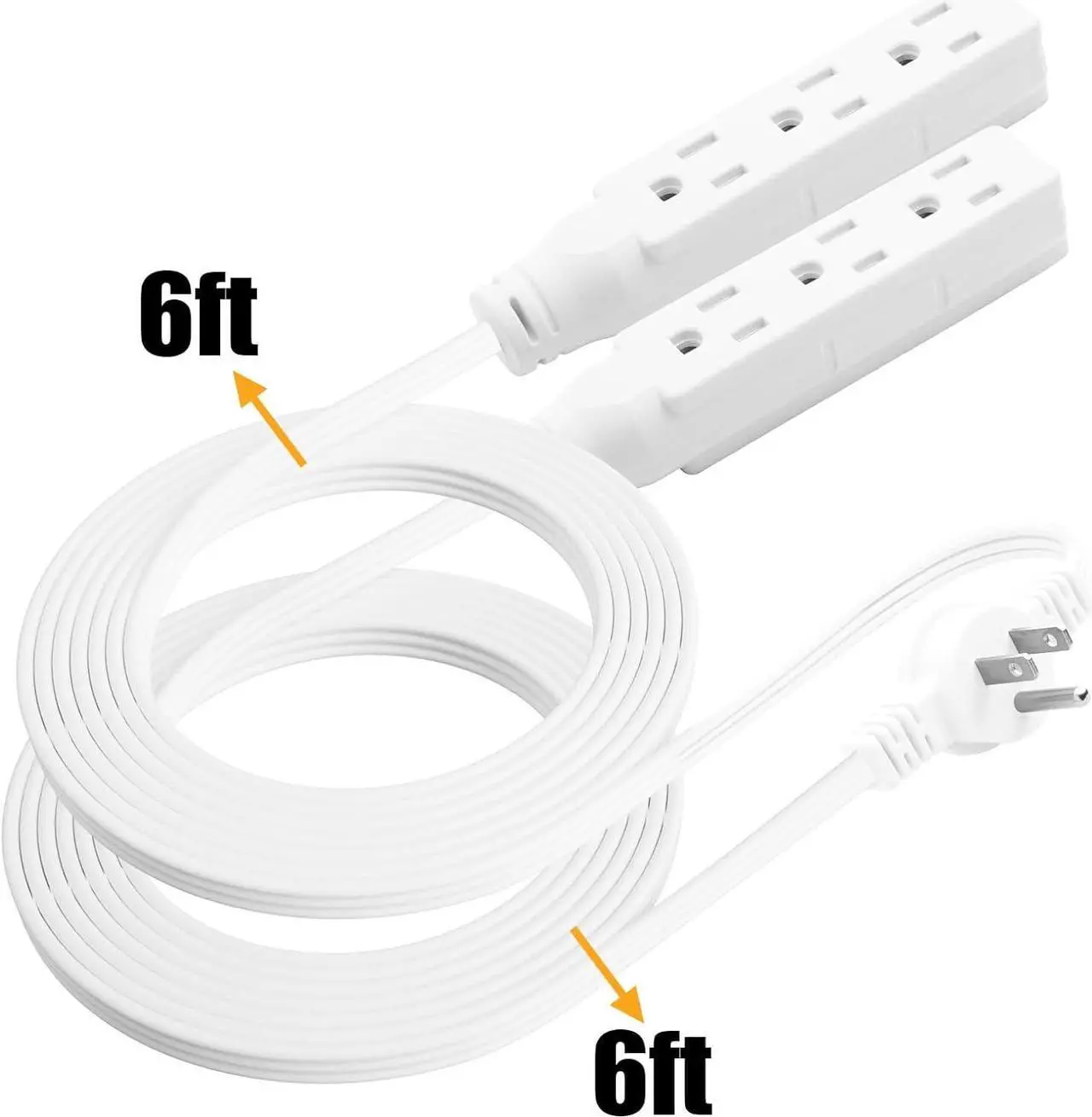 Alt view image 2 of 7 - Twin Extension-Cord Power Strip - 12 ft - Flat Plug Extension Cord - 3 Prong Split Extension Cord with 6 Outlets - Double Extension Cord for Behind Bed, Couch, Nightstands, Vanity, Furniture