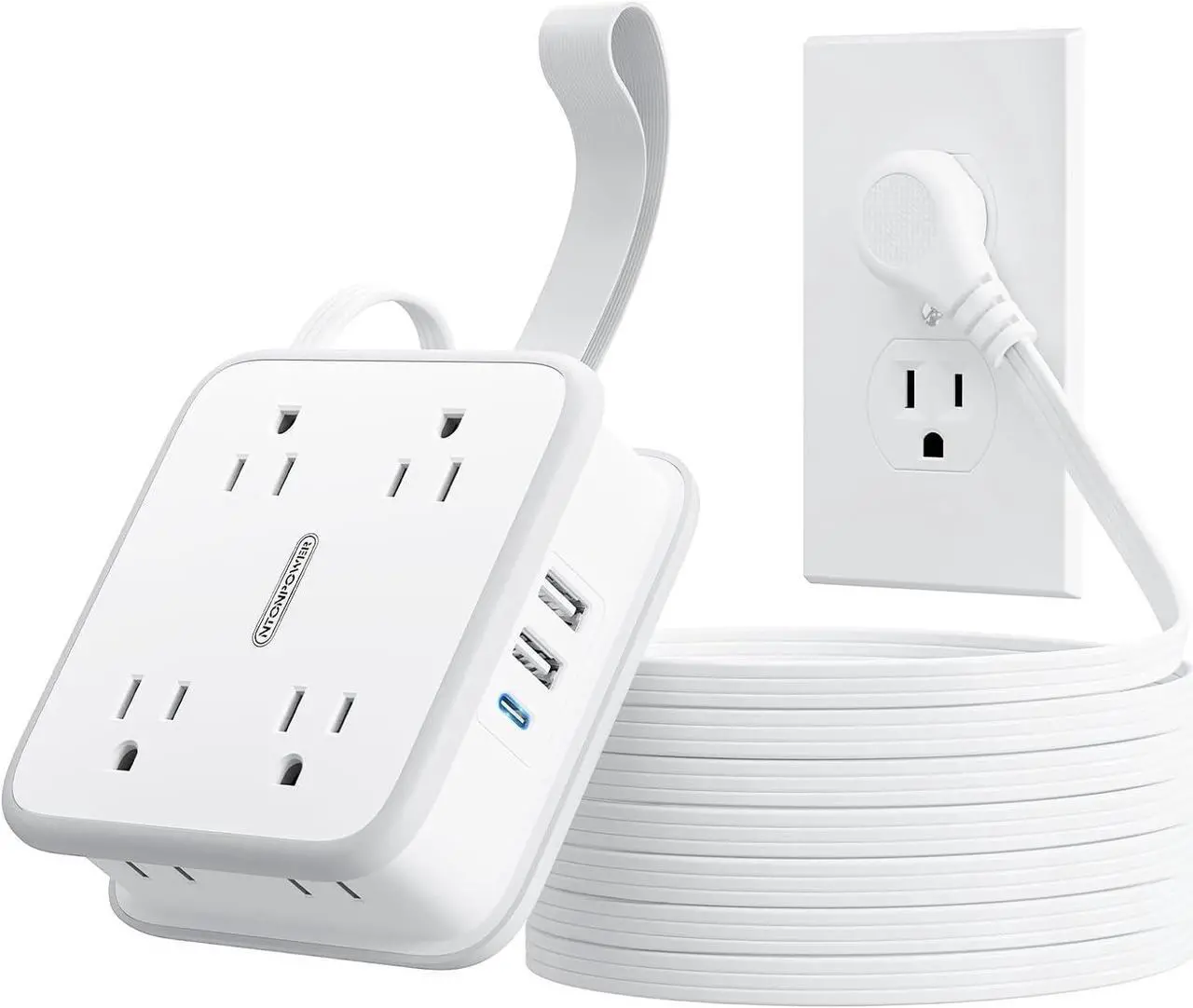 Main image of Flat Extension Cord 10 FT, Power Strip with 8 Widely Outlets 3 USB Ports(1 USBC), Flat Plug Extension Cord with Multiple Outlets, Wall Mounted Outlet Extender Long Cord for Indoor, Home, Office, White