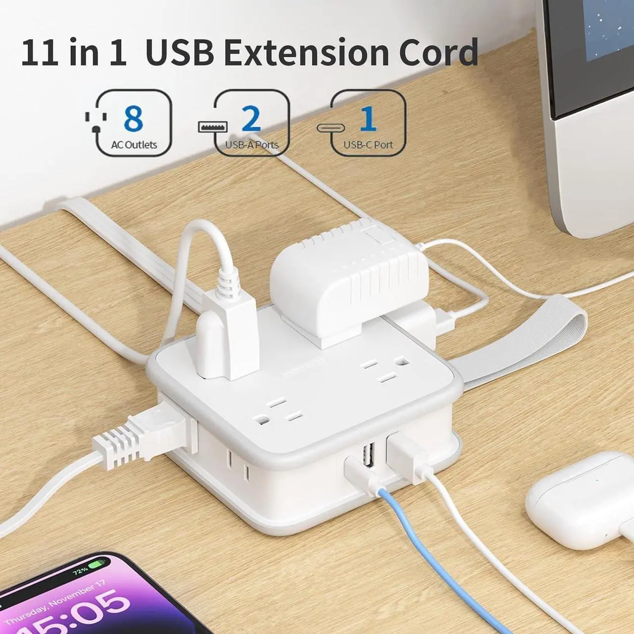 Alt view image 2 of 7 - Flat Extension Cord 10 FT, Power Strip with 8 Widely Outlets 3 USB Ports(1 USBC), Flat Plug Extension Cord with Multiple Outlets, Wall Mounted Outlet Extender Long Cord for Indoor, Home, Office, White