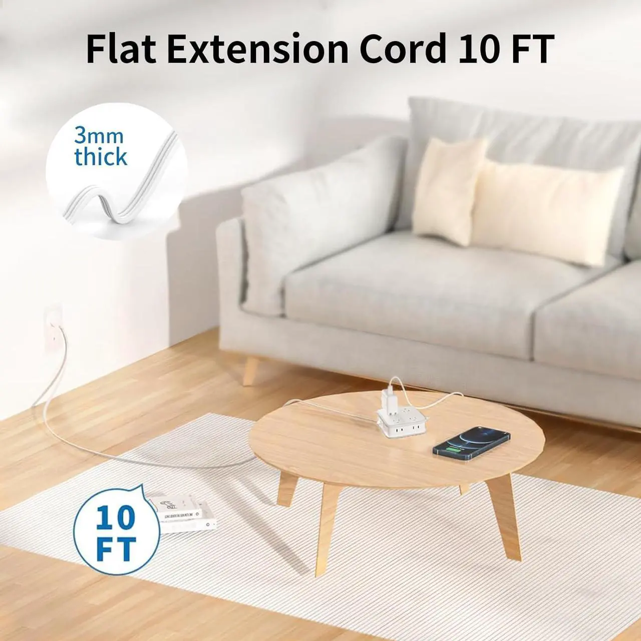 Alt view image 3 of 7 - Flat Extension Cord 10 FT, Power Strip with 8 Widely Outlets 3 USB Ports(1 USBC), Flat Plug Extension Cord with Multiple Outlets, Wall Mounted Outlet Extender Long Cord for Indoor, Home, Office, White