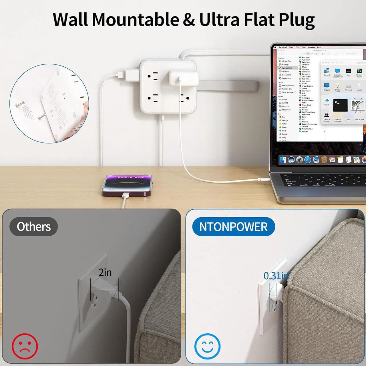 Alt view image 5 of 7 - Flat Extension Cord 10 FT, Power Strip with 8 Widely Outlets 3 USB Ports(1 USBC), Flat Plug Extension Cord with Multiple Outlets, Wall Mounted Outlet Extender Long Cord for Indoor, Home, Office, White