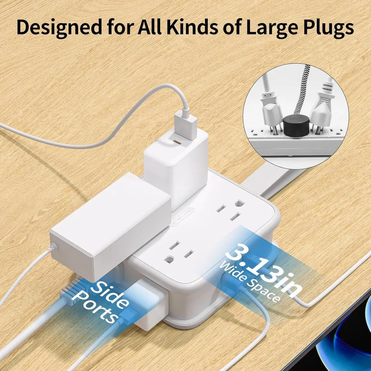 Alt view image 6 of 7 - Flat Extension Cord 10 FT, Power Strip with 8 Widely Outlets 3 USB Ports(1 USBC), Flat Plug Extension Cord with Multiple Outlets, Wall Mounted Outlet Extender Long Cord for Indoor, Home, Office, White