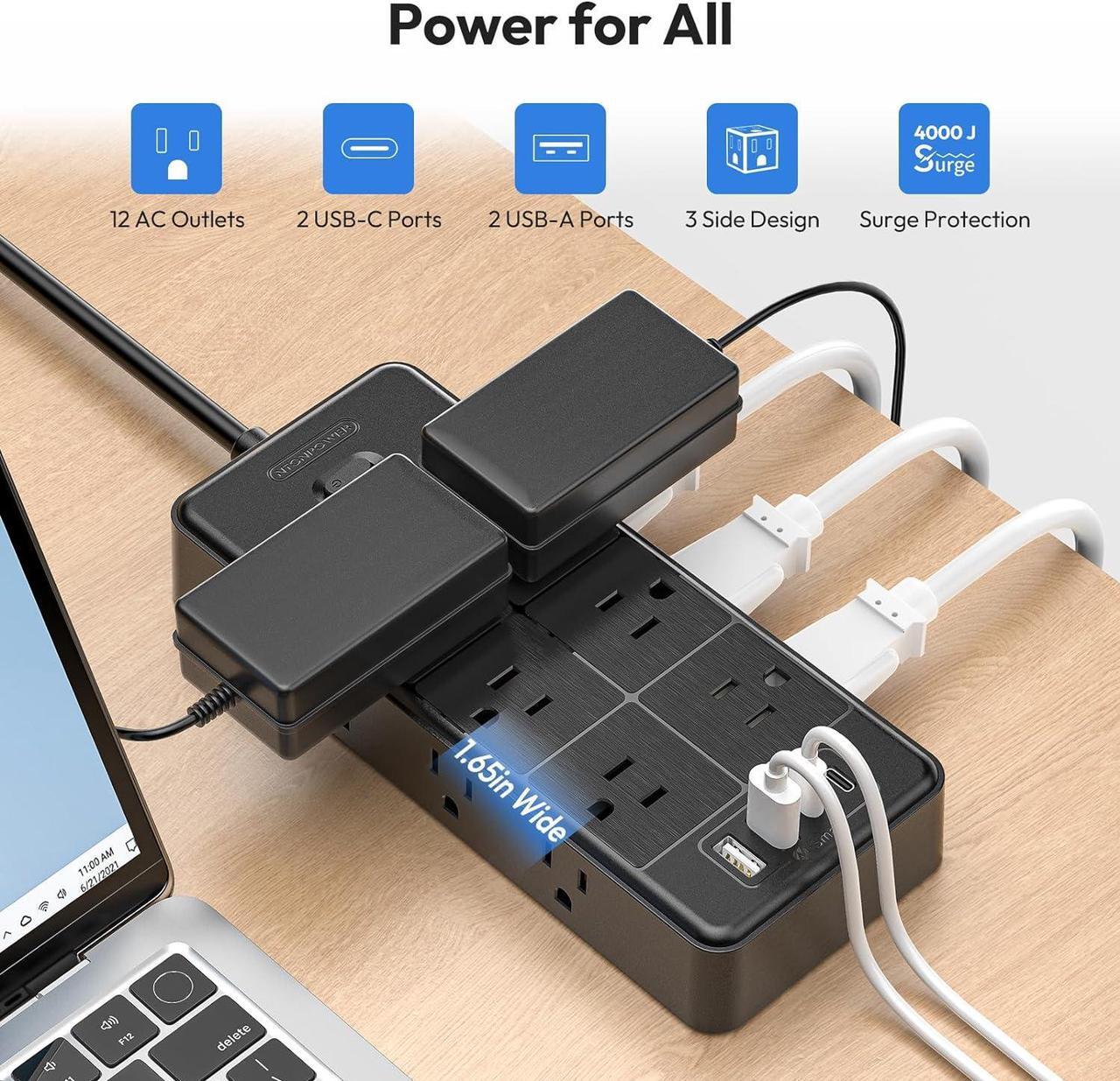 Alt view image 3 of 7 - 25 FT + 15 FT Surge Protector Power Strip, NTONPOWER 4000J Long Cord Extension Cord with 12 Outlets & 4 USB Ports (2USB C), 3 Side Multiple Outlet Extender, Wall Mounted for Home Office