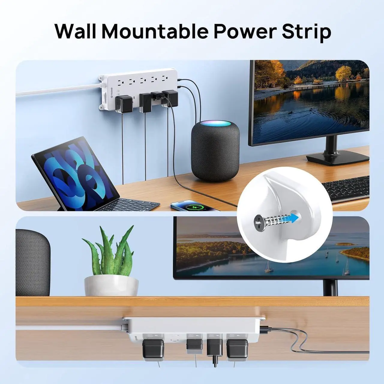 Alt view image 6 of 7 - TROND Surge Protector Power Strip, 4000J, ETL Listed, 10 Widely Spaced Outlets, 2 USB C and 2 USB A Ports, Flat Plug 5ft Extension Cord, Wall Mountable, Under Desk Power Strip for Home Office, White