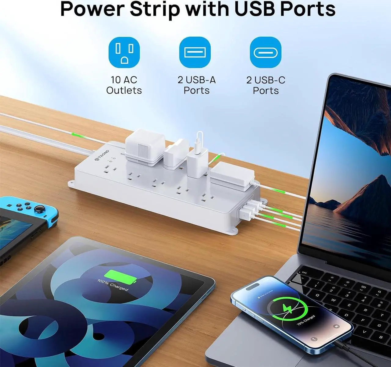 Alt view image 7 of 7 - TROND Surge Protector Power Strip, 4000J, ETL Listed, 10 Widely Spaced Outlets, 2 USB C and 2 USB A Ports, Flat Plug 5ft Extension Cord, Wall Mountable, Under Desk Power Strip for Home Office, White