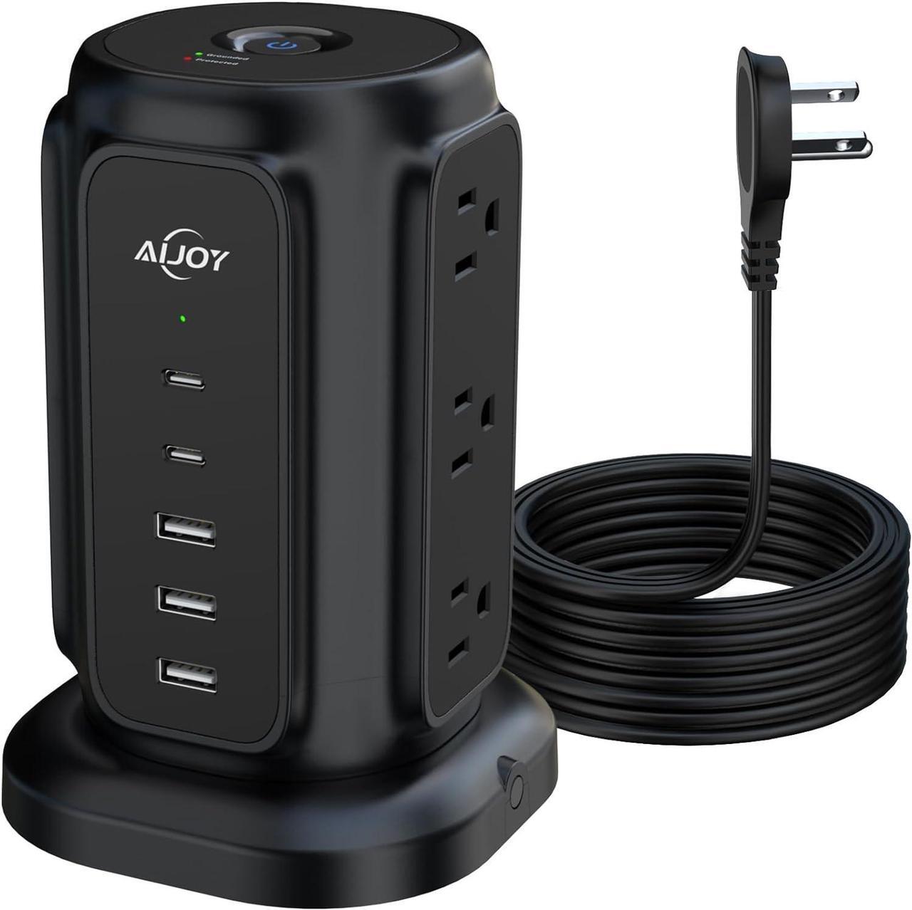 Main image of Flat Plug Power Strip Tower with 9 Outlets and 5 USB Ports (2 USB C), AiJoy Surge Protector with 6.5 Feet 1625W/13A Extension Cord, 1200J Surge Protection for Home Office Supplies Desk Accessories