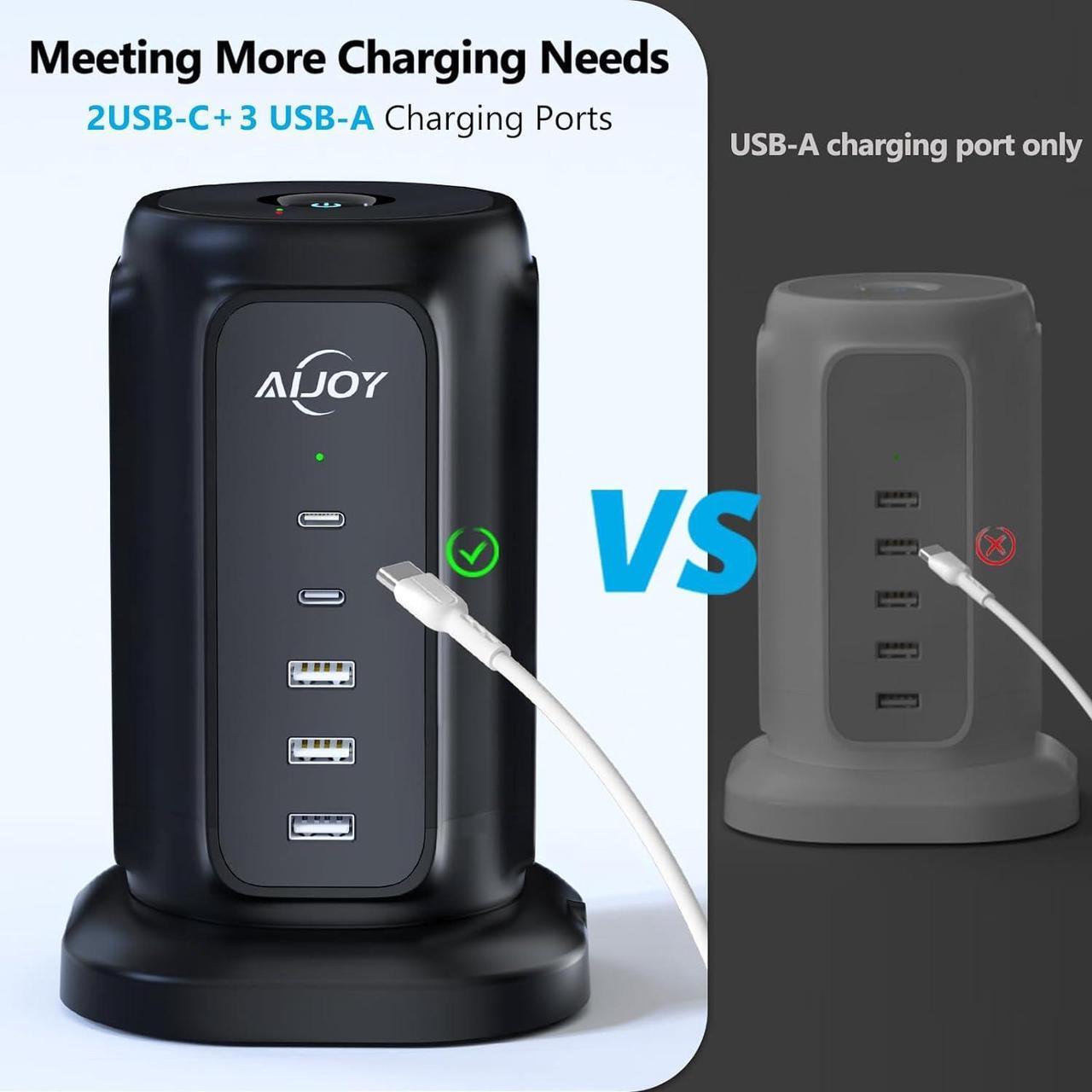 Alt view image 3 of 6 - Flat Plug Power Strip Tower with 9 Outlets and 5 USB Ports (2 USB C), AiJoy Surge Protector with 6.5 Feet 1625W/13A Extension Cord, 1200J Surge Protection for Home Office Supplies Desk Accessories