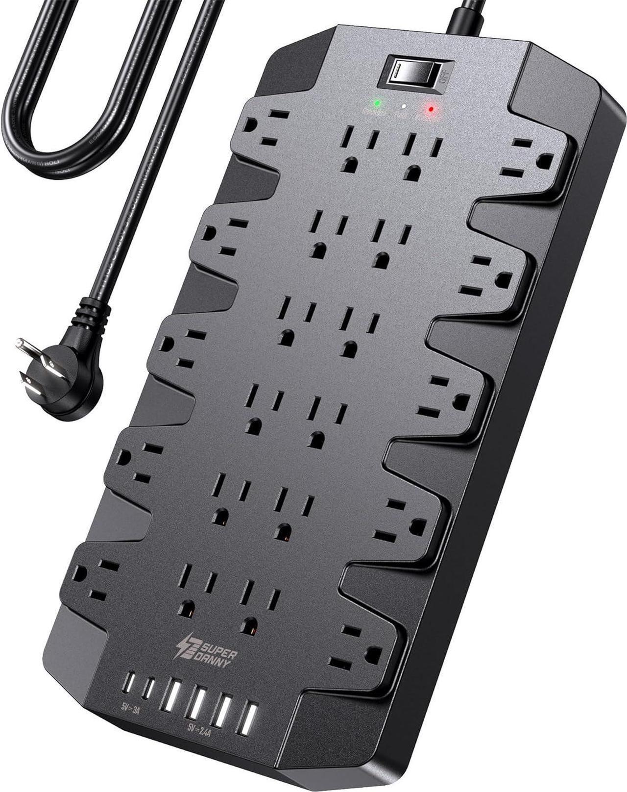 Main image of Power Strip, SUPERDANNY 2100J Surge Protector with 22 Outlets, 2 USB-C and 4 USB-A, 6.5Ft Flat Plug Heavy Duty Extension Cord (1875W/15A), Wall Mountable for Home, Office, Dorm, Gaming Room, Black