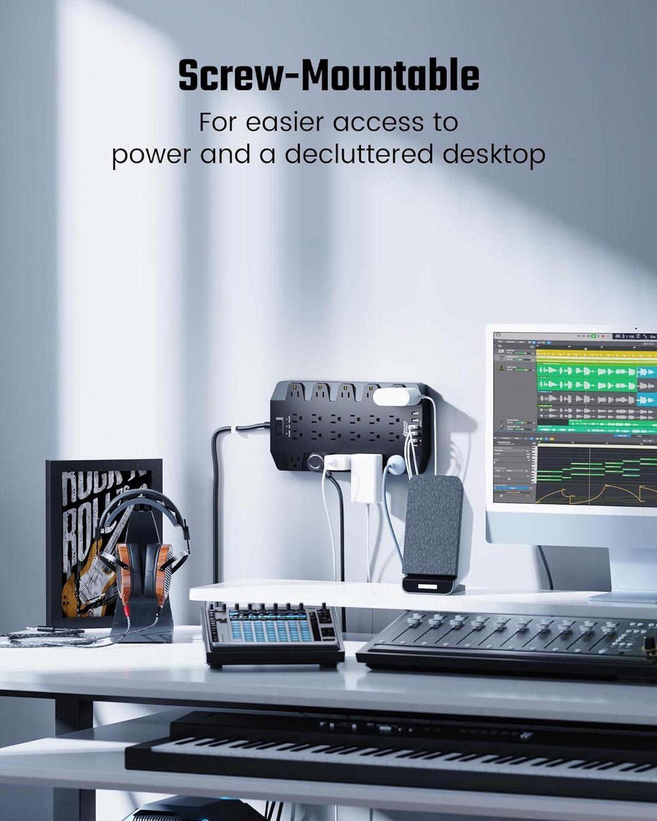 Alt view image 6 of 7 - Power Strip, SUPERDANNY 2100J Surge Protector with 22 Outlets, 2 USB-C and 4 USB-A, 6.5Ft Flat Plug Heavy Duty Extension Cord (1875W/15A), Wall Mountable for Home, Office, Dorm, Gaming Room, Black