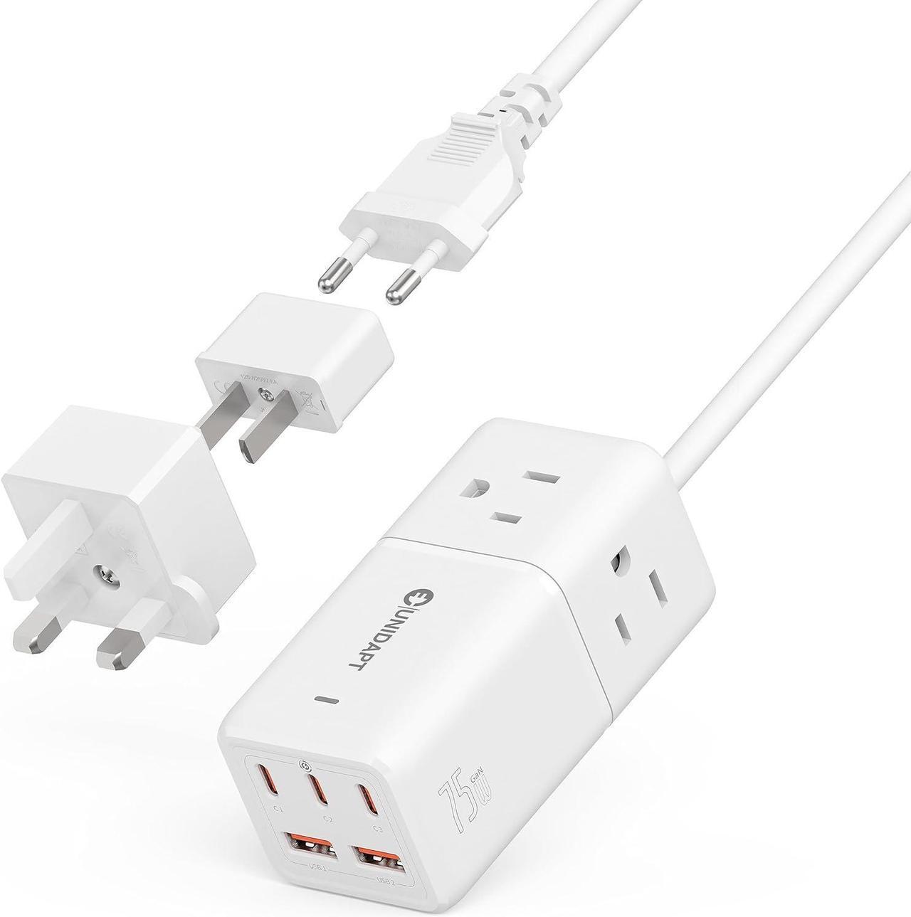Main image of Travel Power Strip, Unidapt 5ft Extension Cord US to Europe, UK, Plug Adapter GAN 75W with 3 USB C PD and 2 QC USB Ports, 3 AC Outlets, Compact for International Travel, Home, Cruise, Office