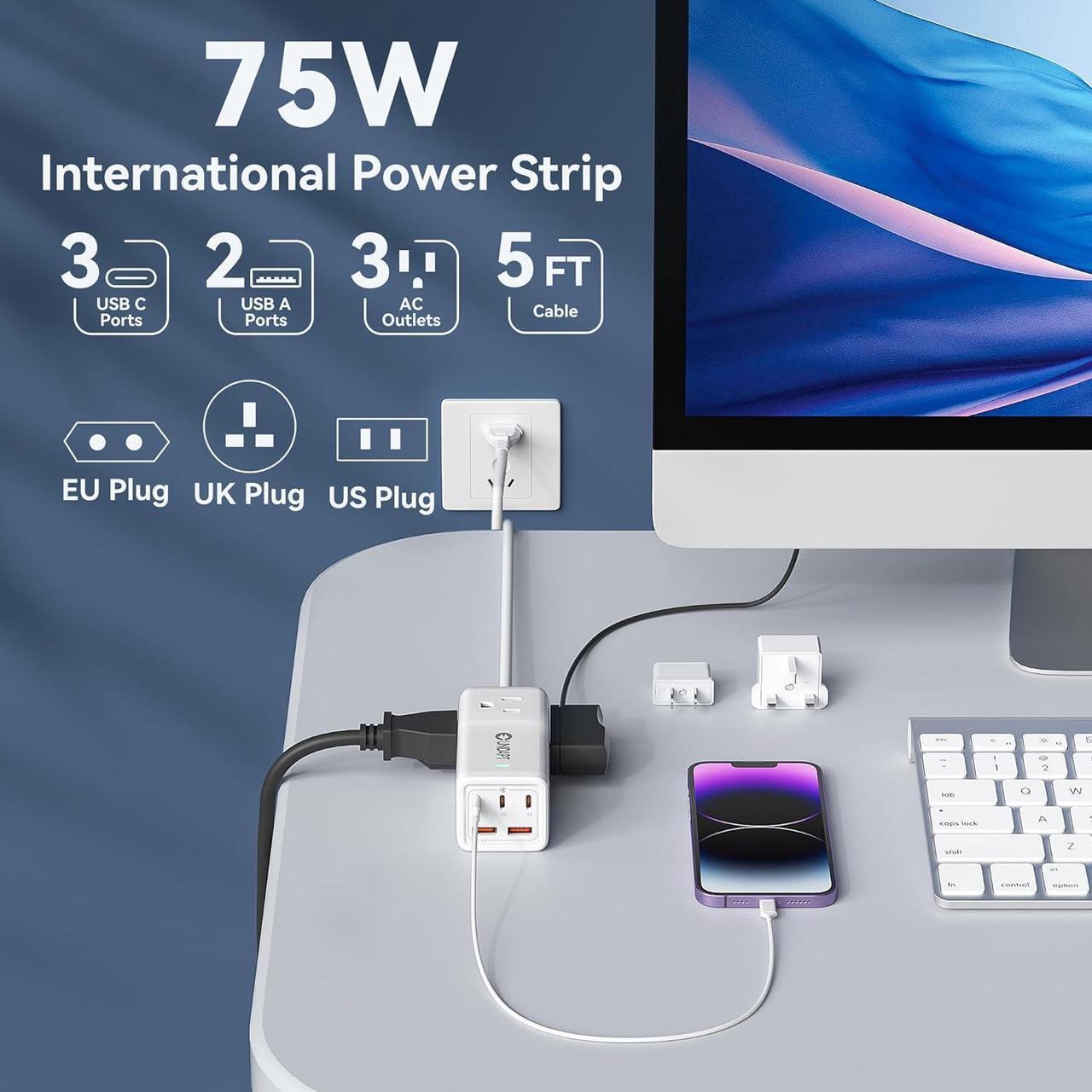 Alt view image 2 of 6 - Travel Power Strip, Unidapt 5ft Extension Cord US to Europe, UK, Plug Adapter GAN 75W with 3 USB C PD and 2 QC USB Ports, 3 AC Outlets, Compact for International Travel, Home, Cruise, Office