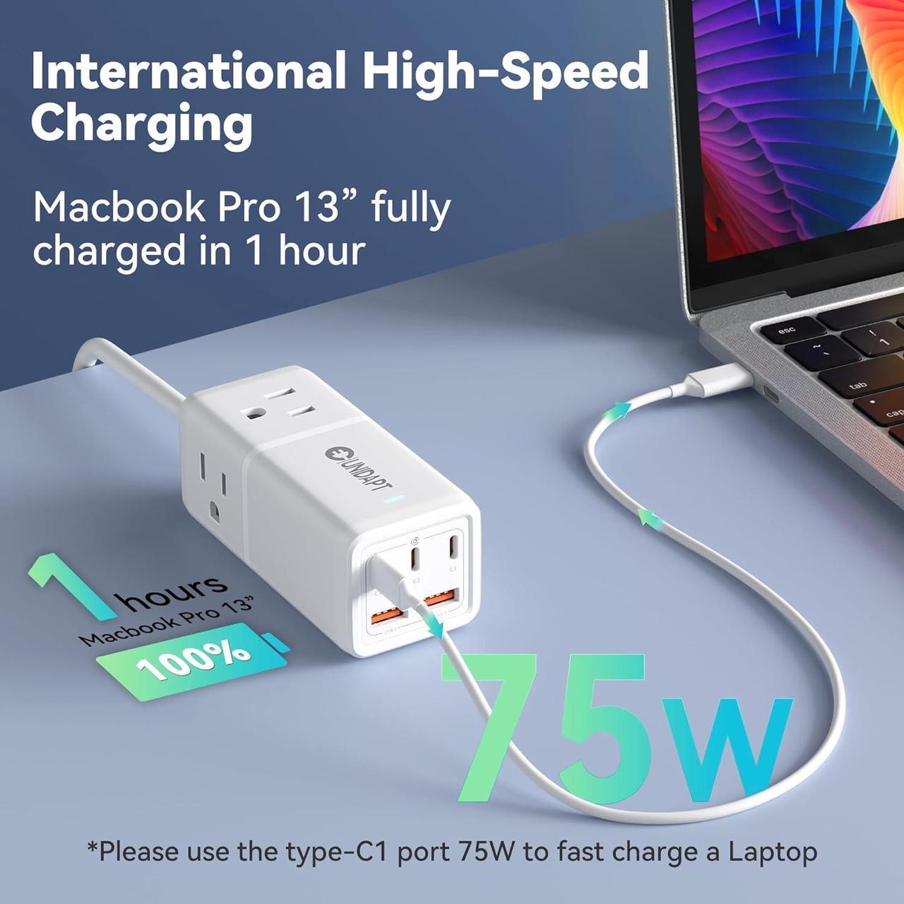 Alt view image 3 of 6 - Travel Power Strip, Unidapt 5ft Extension Cord US to Europe, UK, Plug Adapter GAN 75W with 3 USB C PD and 2 QC USB Ports, 3 AC Outlets, Compact for International Travel, Home, Cruise, Office