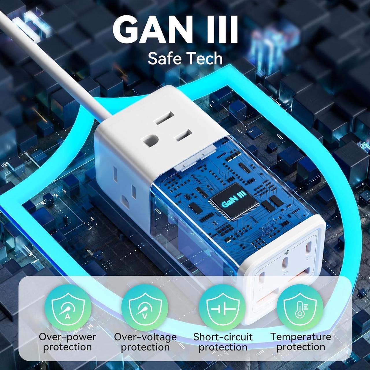 Alt view image 4 of 6 - Travel Power Strip, Unidapt 5ft Extension Cord US to Europe, UK, Plug Adapter GAN 75W with 3 USB C PD and 2 QC USB Ports, 3 AC Outlets, Compact for International Travel, Home, Cruise, Office