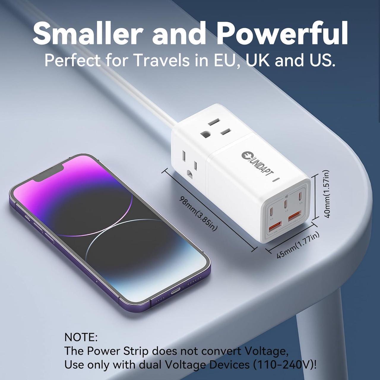 Alt view image 5 of 6 - Travel Power Strip, Unidapt 5ft Extension Cord US to Europe, UK, Plug Adapter GAN 75W with 3 USB C PD and 2 QC USB Ports, 3 AC Outlets, Compact for International Travel, Home, Cruise, Office