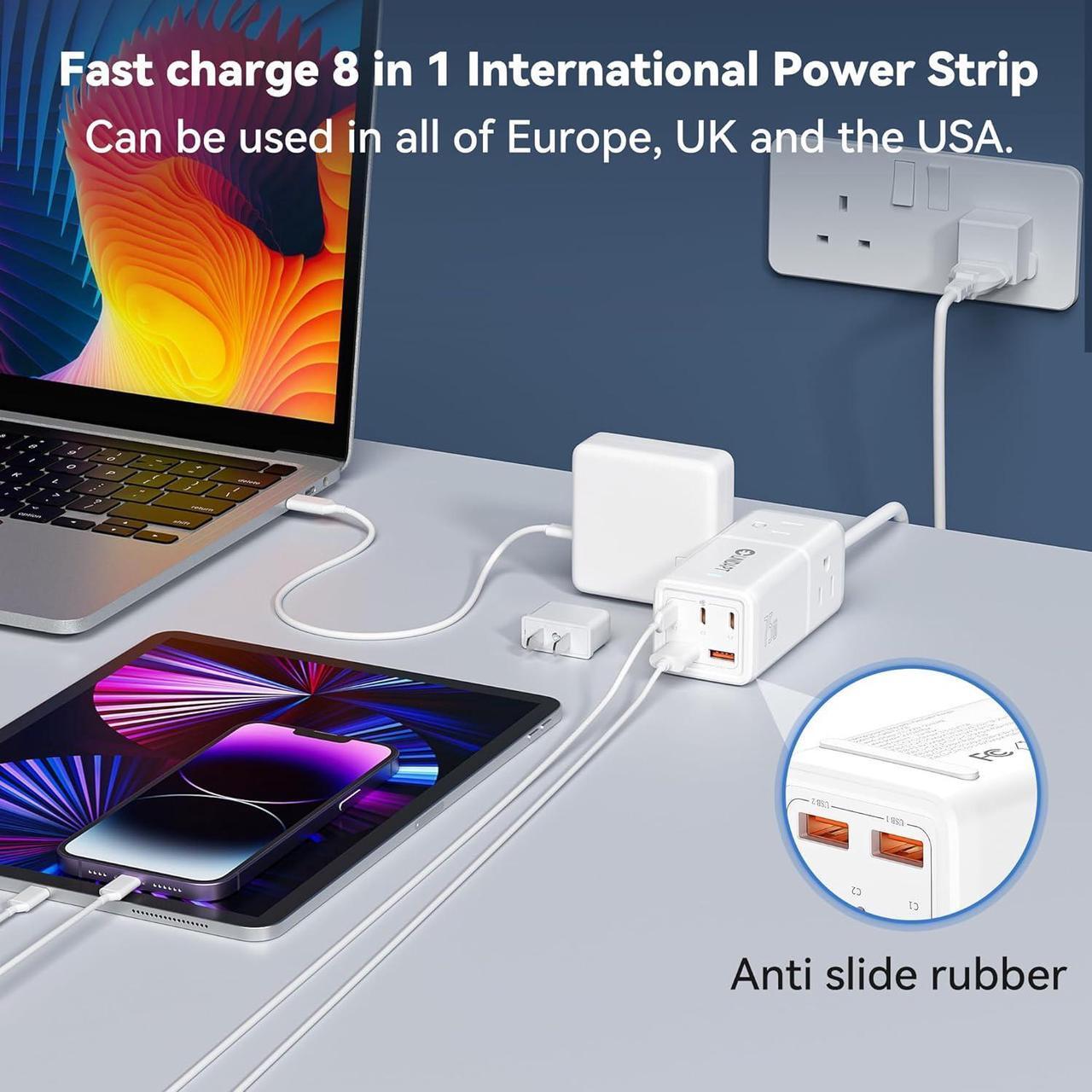 Alt view image 6 of 6 - Travel Power Strip, Unidapt 5ft Extension Cord US to Europe, UK, Plug Adapter GAN 75W with 3 USB C PD and 2 QC USB Ports, 3 AC Outlets, Compact for International Travel, Home, Cruise, Office
